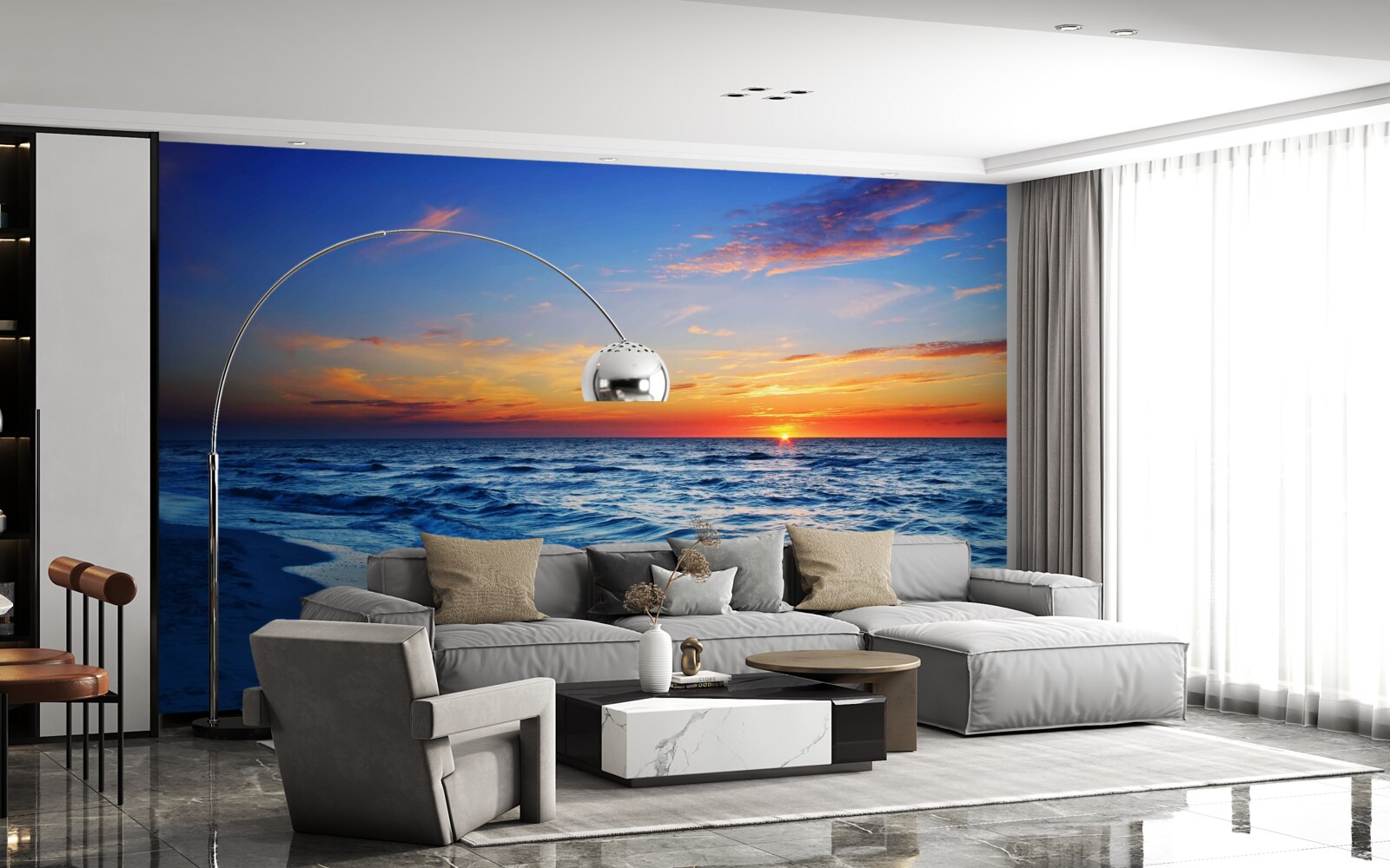 Papier peint le soleil couchant et les vagues écumantes