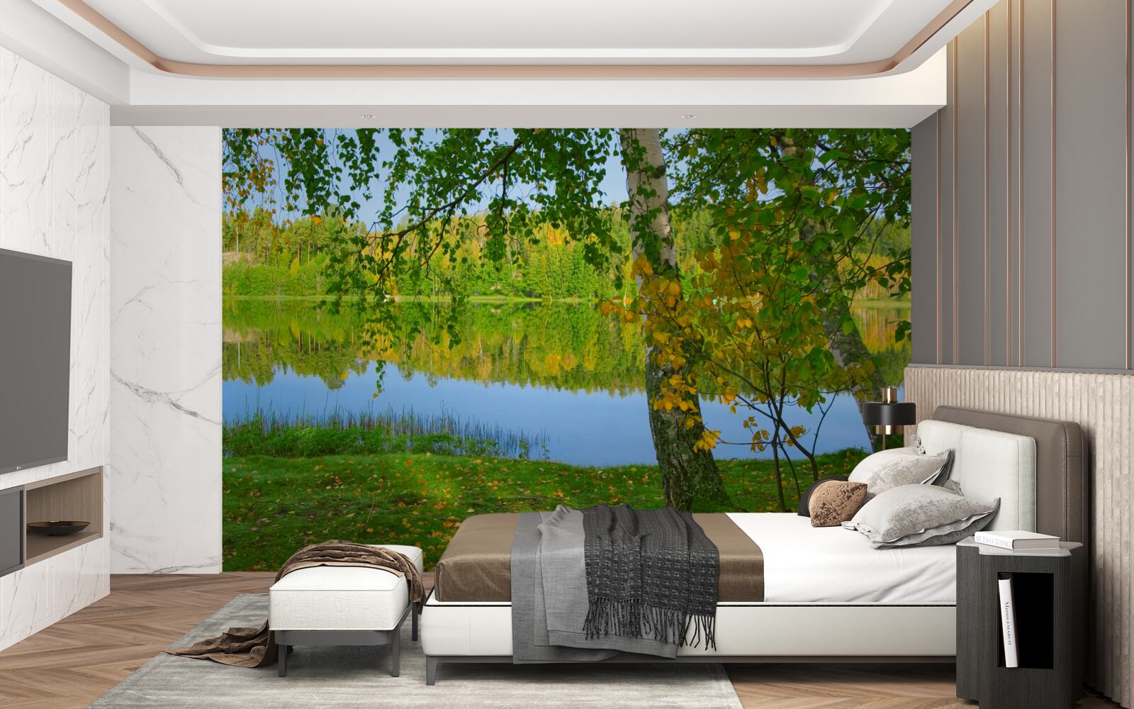 Papier peint reflet de la rivière avec une forêt dense en été