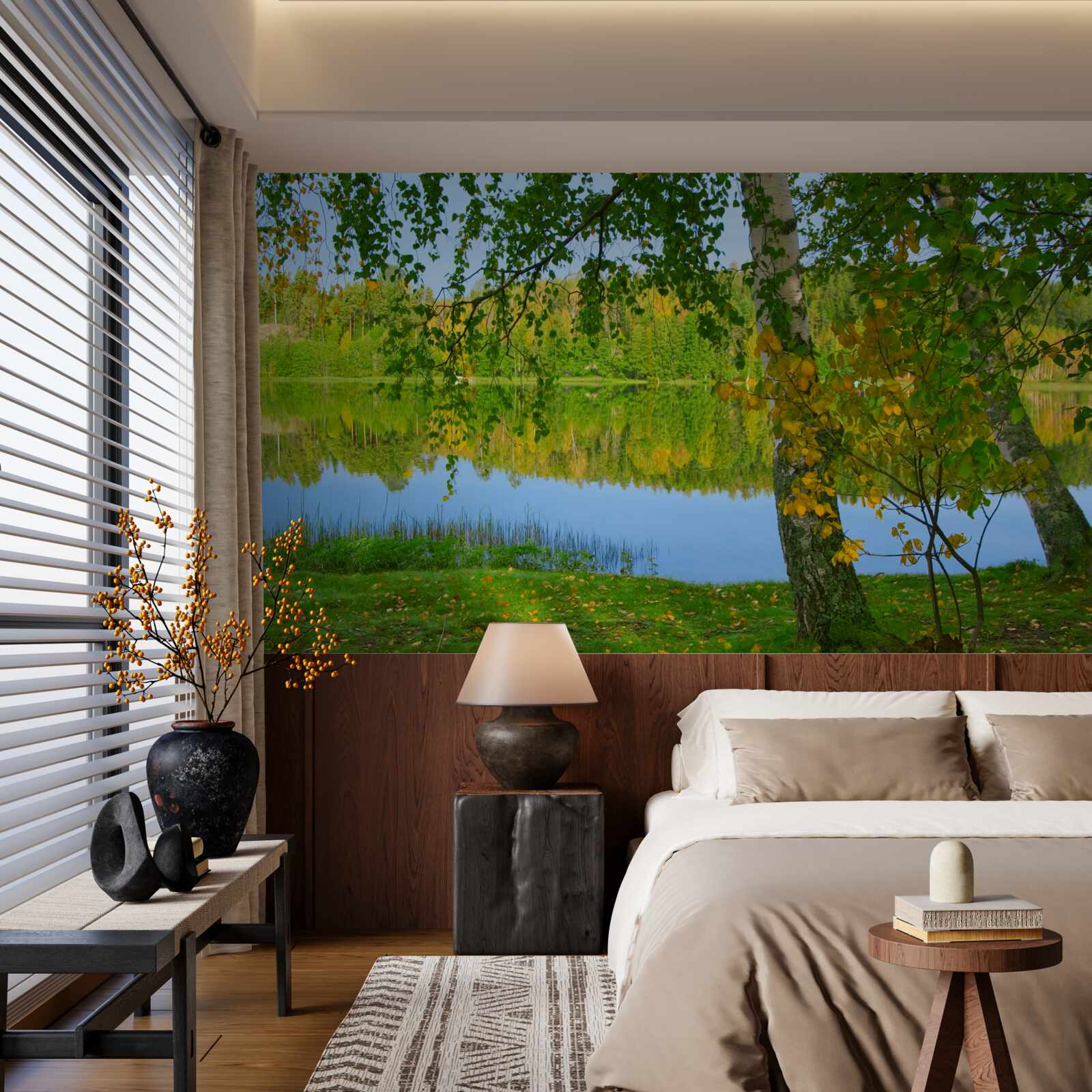 Papier peint reflet de la rivière avec une forêt dense en été