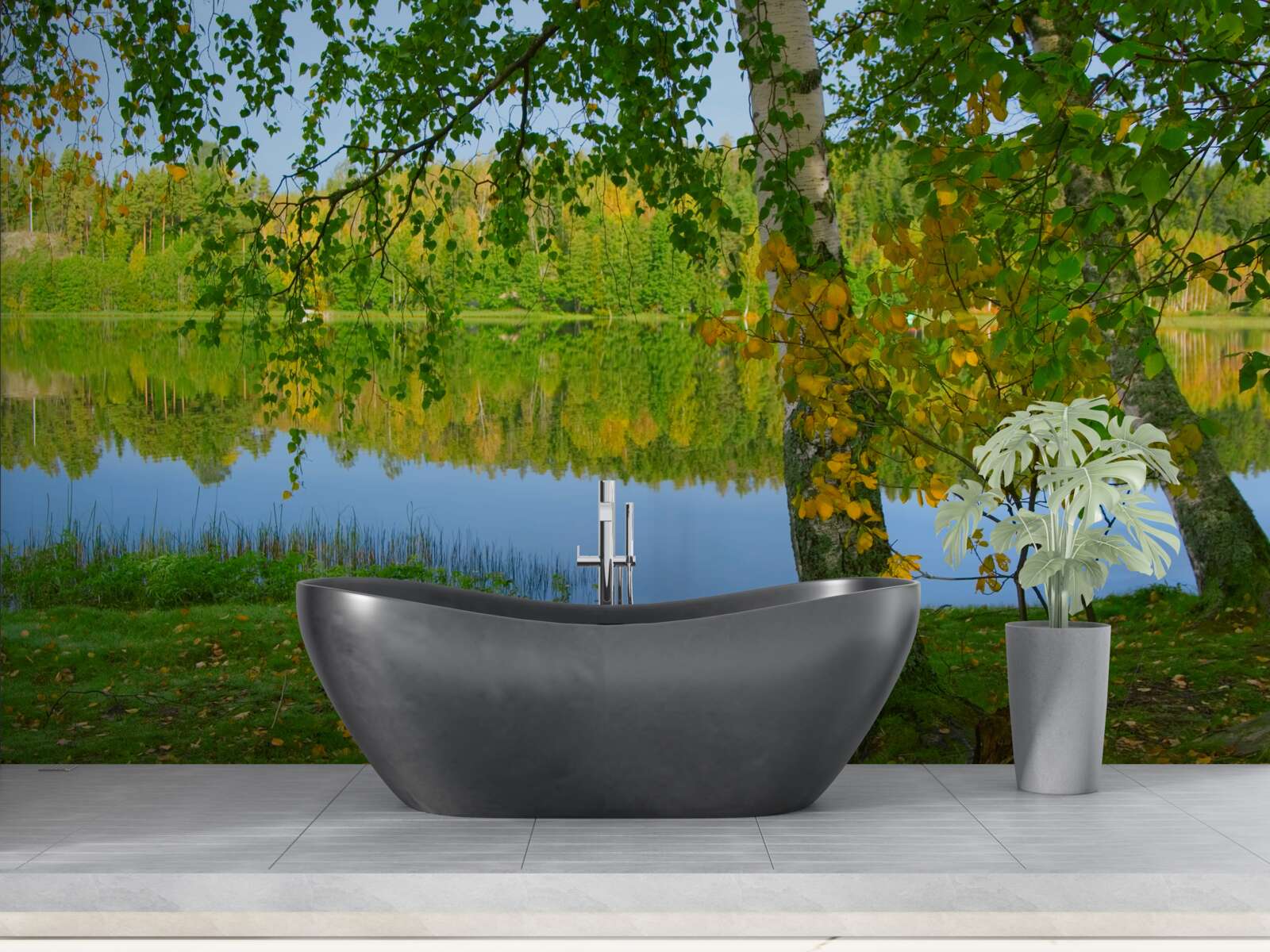 Papier peint reflet de la rivière avec une forêt dense en été