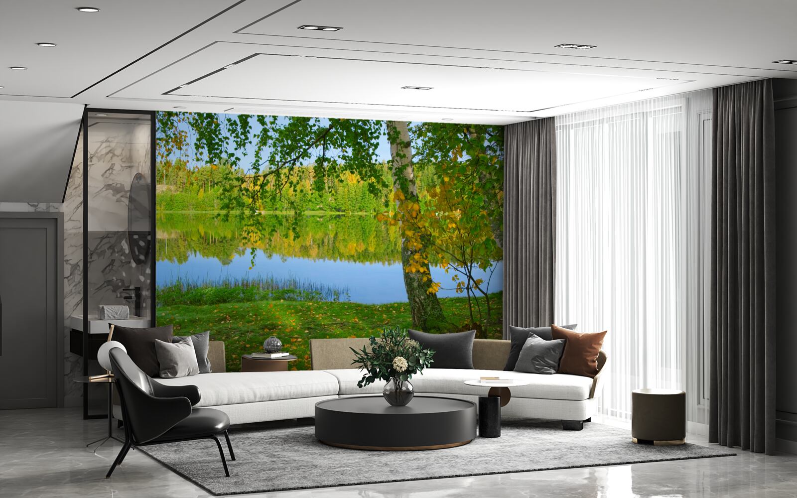 Papier peint reflet de la rivière avec une forêt dense en été