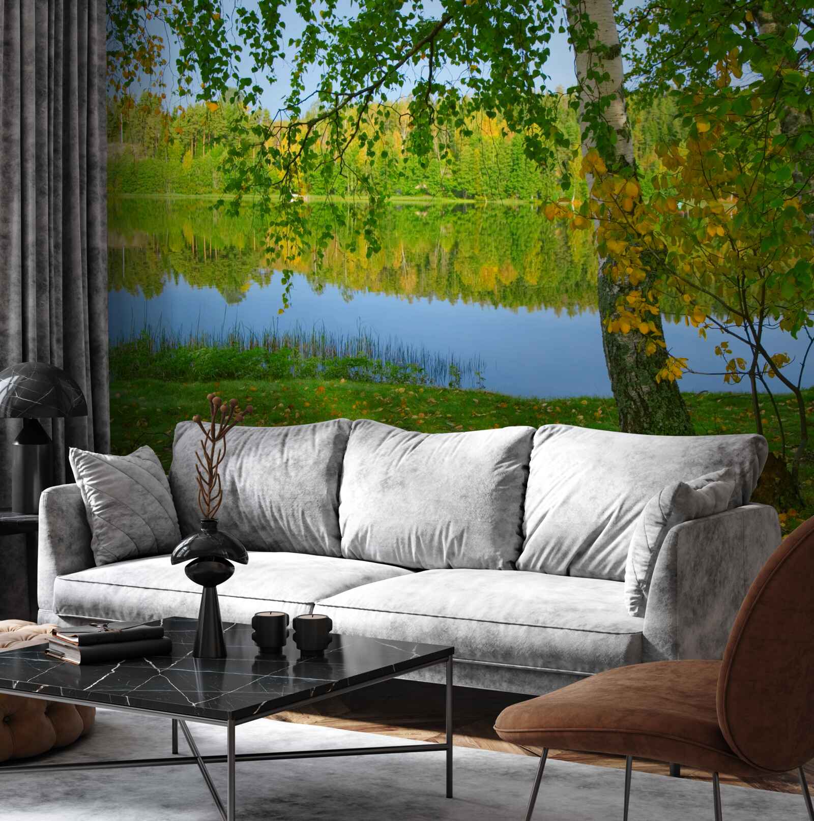 Papier peint reflet de la rivière avec une forêt dense en été