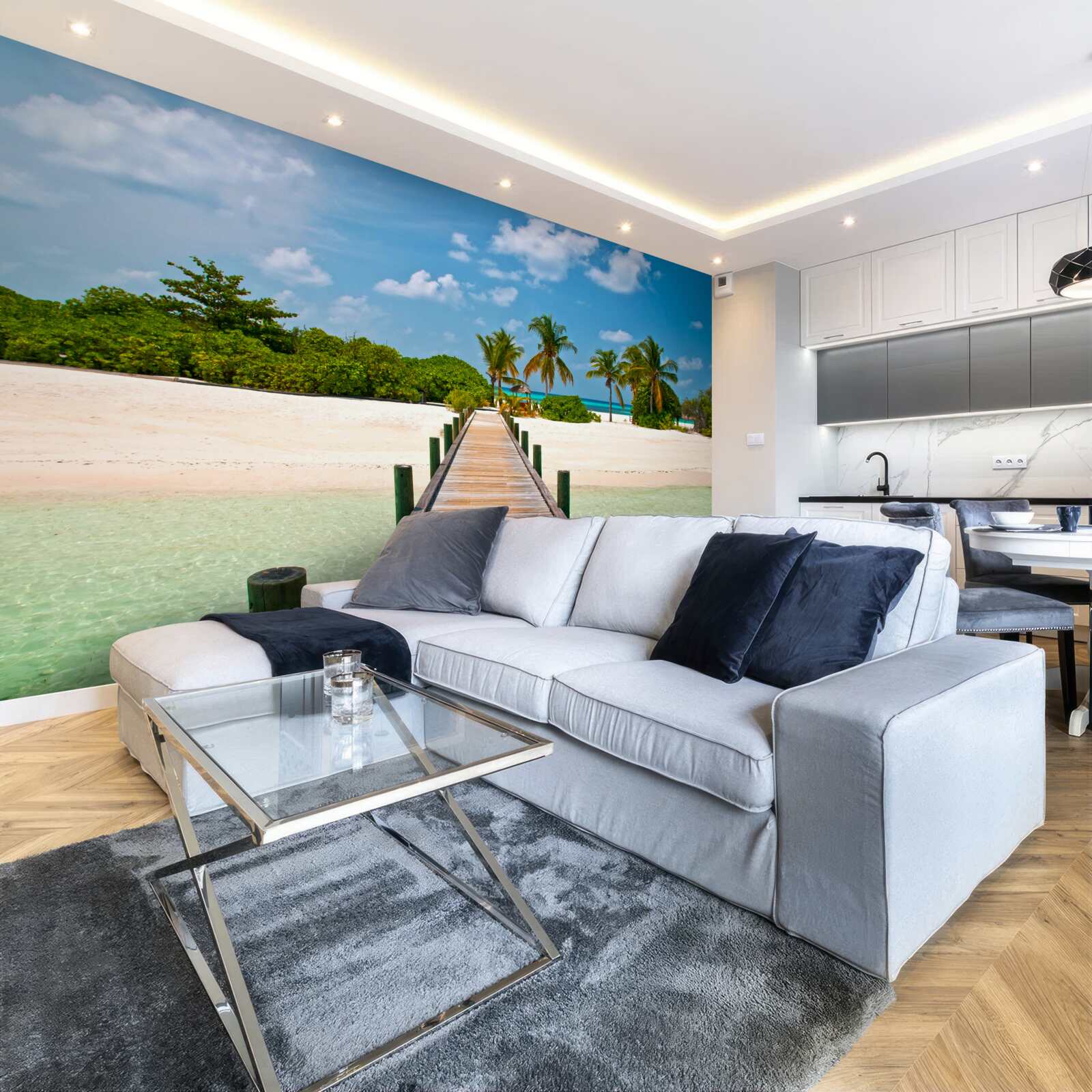 Papier peint jetée en bois sur un rivage tropical