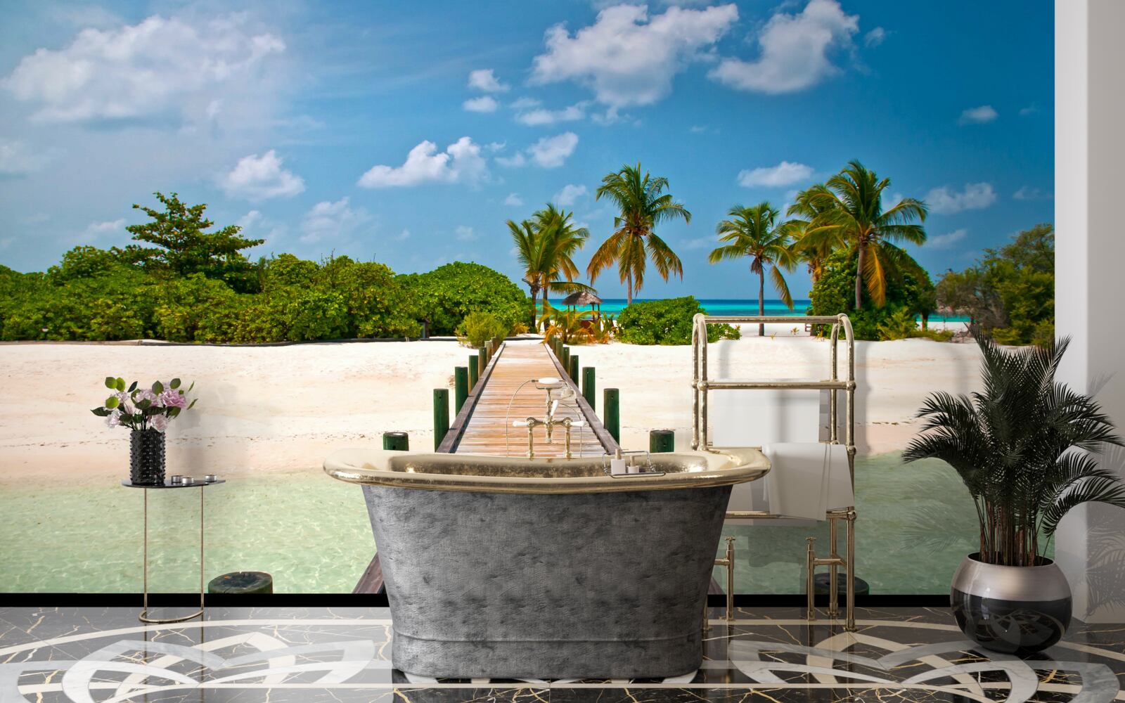 Papier peint jetée en bois sur un rivage tropical