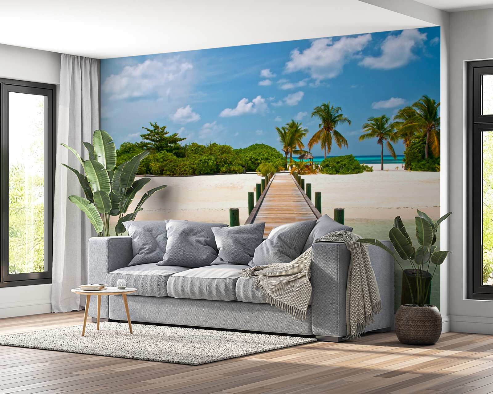 Papier peint jetée en bois sur un rivage tropical