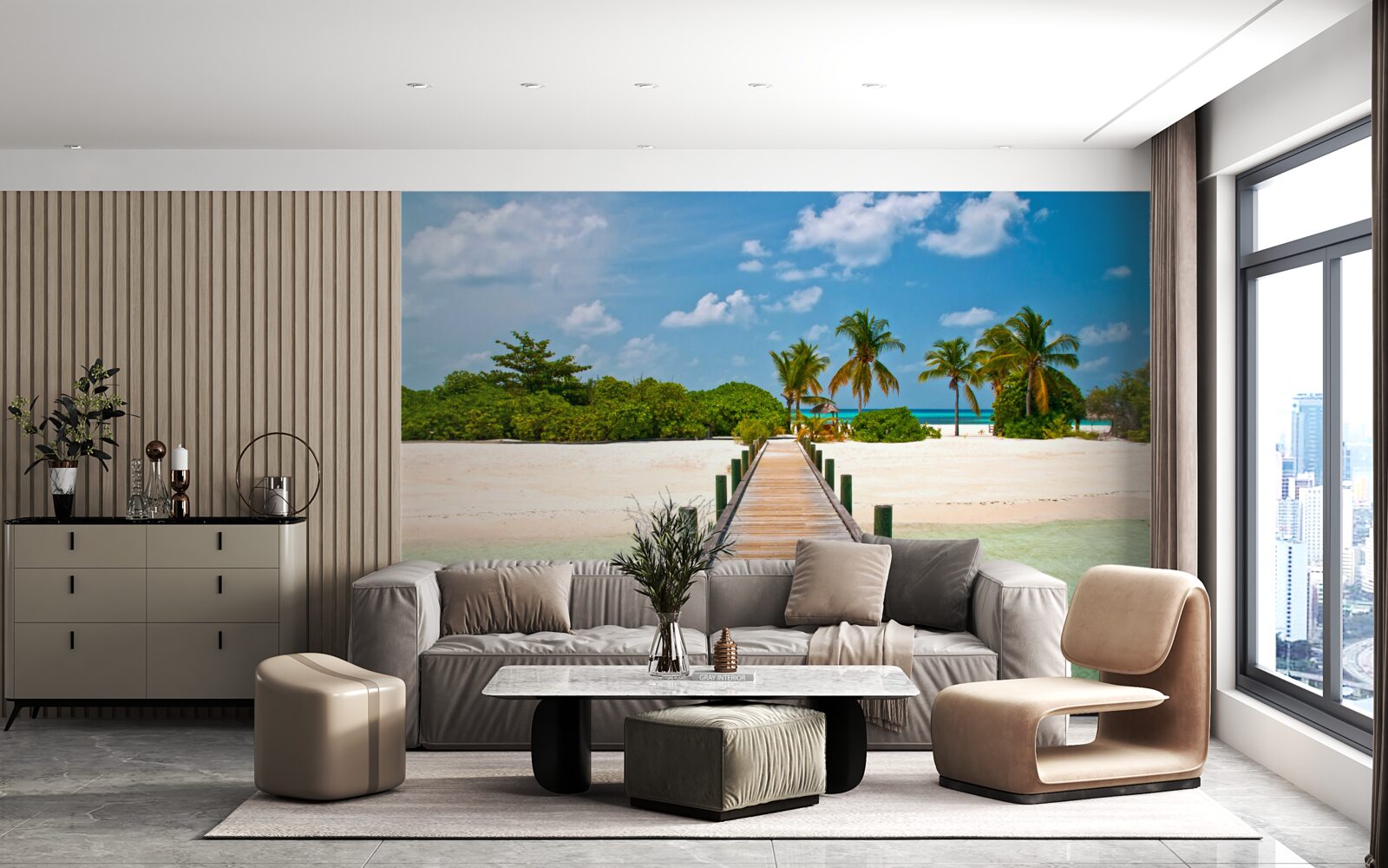 Papier peint jetée en bois sur un rivage tropical