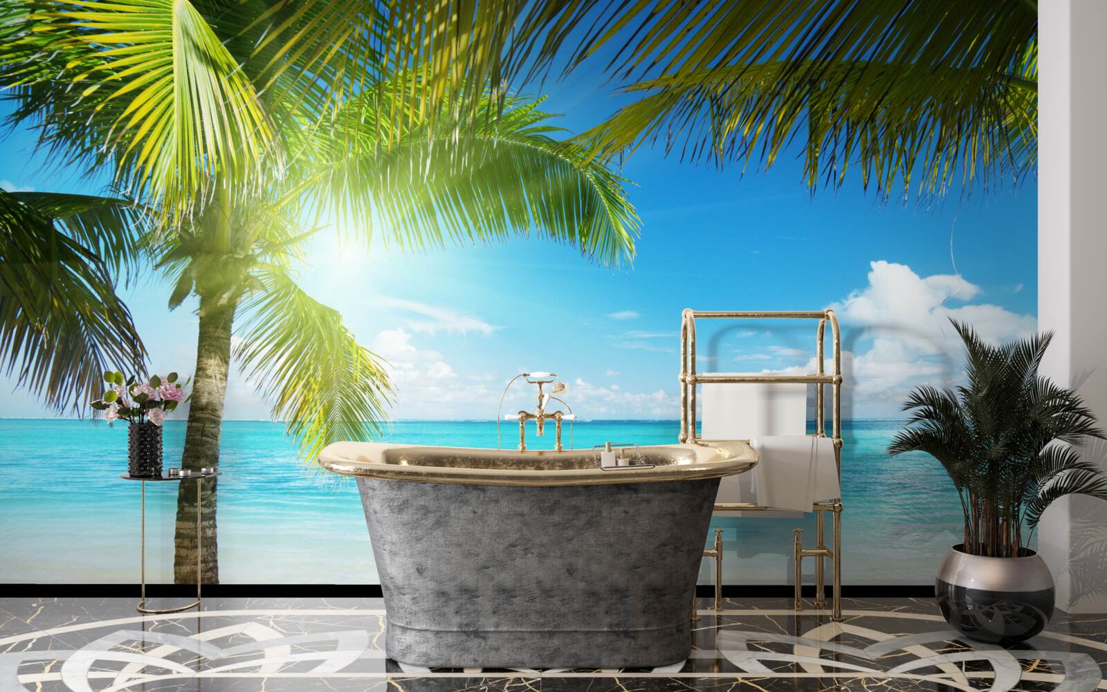 Papier peint plage exotique paisible ornée de palmiers