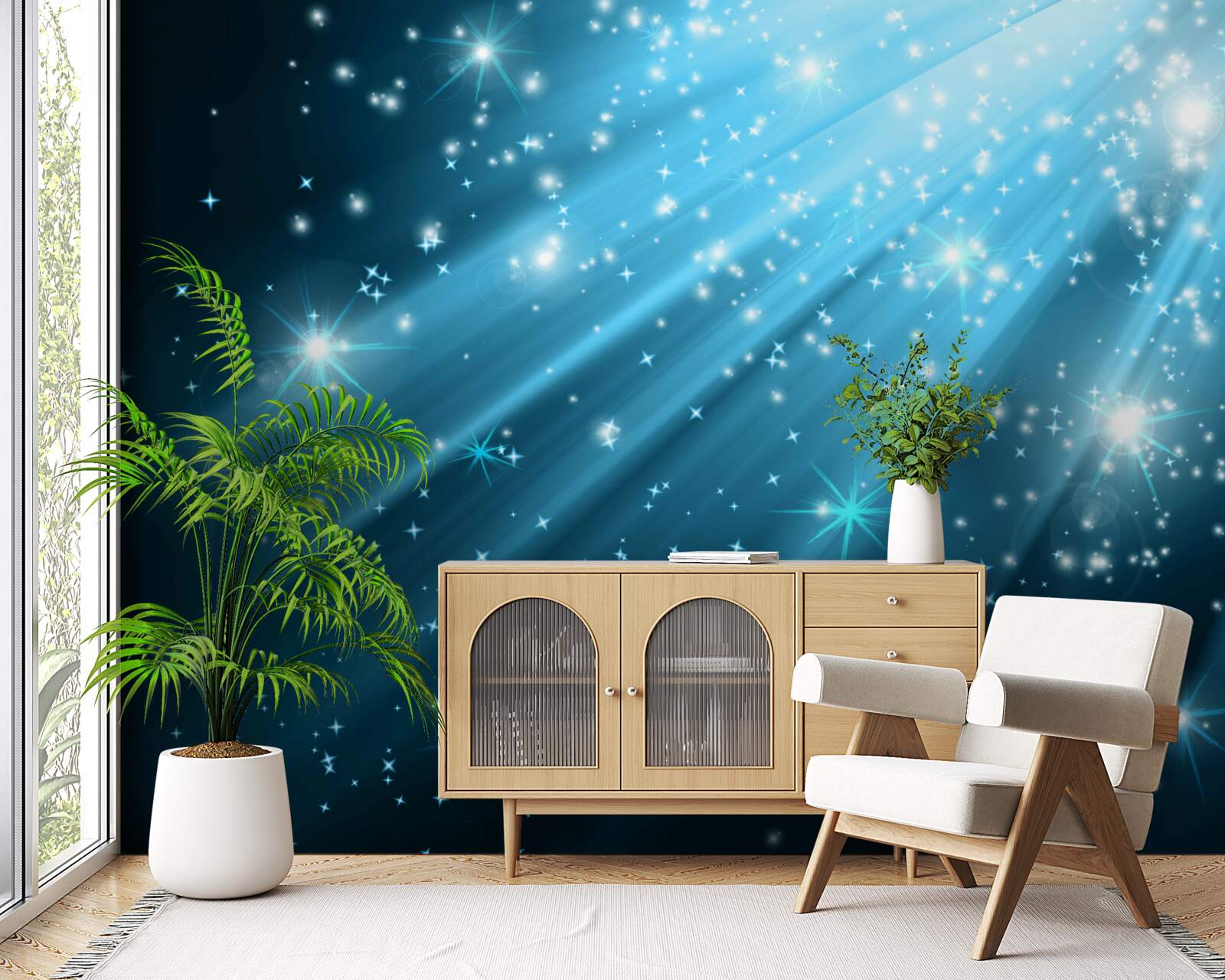 Papier peint Des rayons de lune brillants dans un ciel parsemé d'étoiles