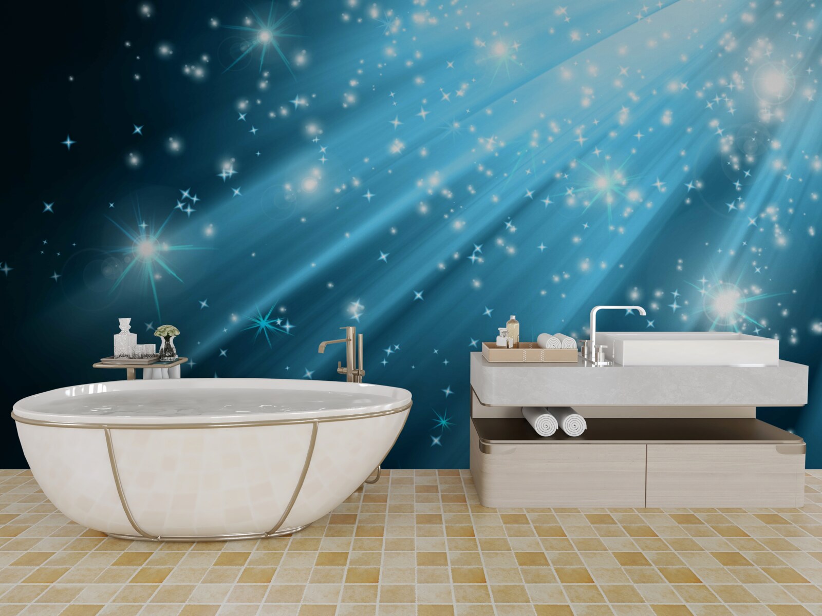 Papier peint Des rayons de lune brillants dans un ciel parsemé d'étoiles