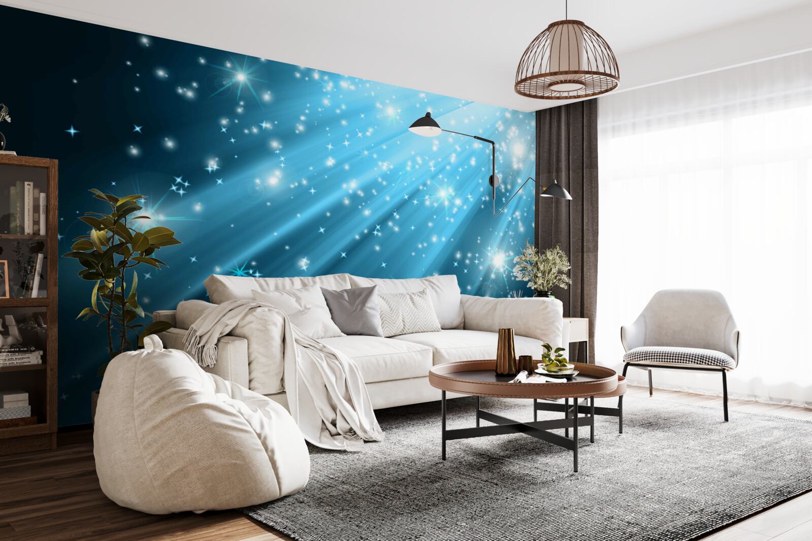 Papier peint Des rayons de lune brillants dans un ciel parsemé d'étoiles