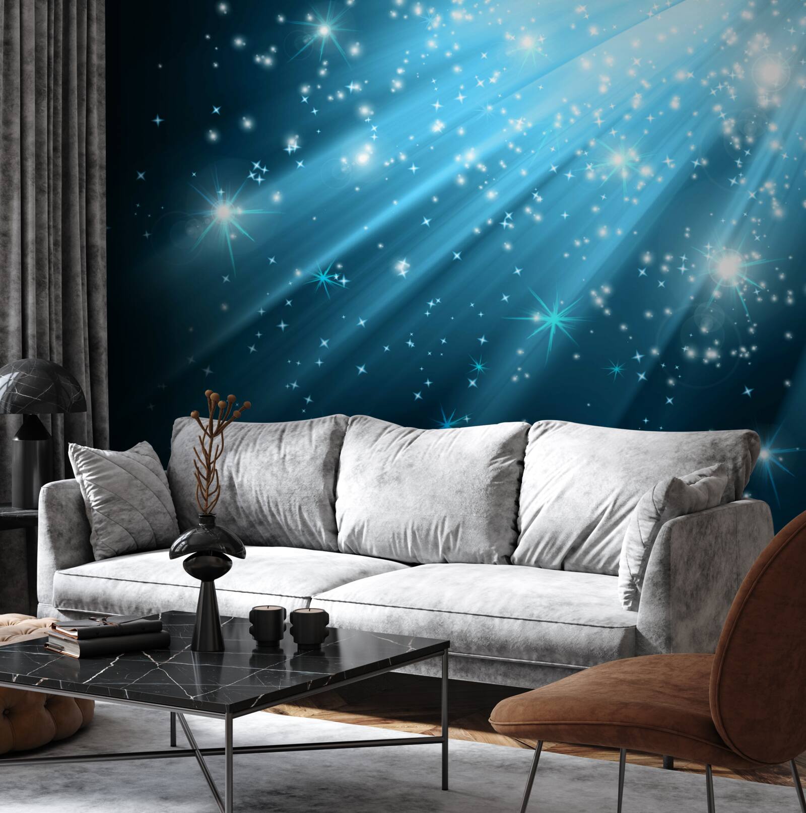 Papier peint Des rayons de lune brillants dans un ciel parsemé d'étoiles