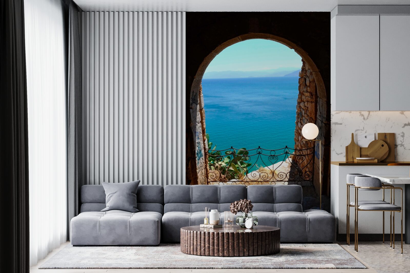 Papier peint arche de pierre menant à la mer