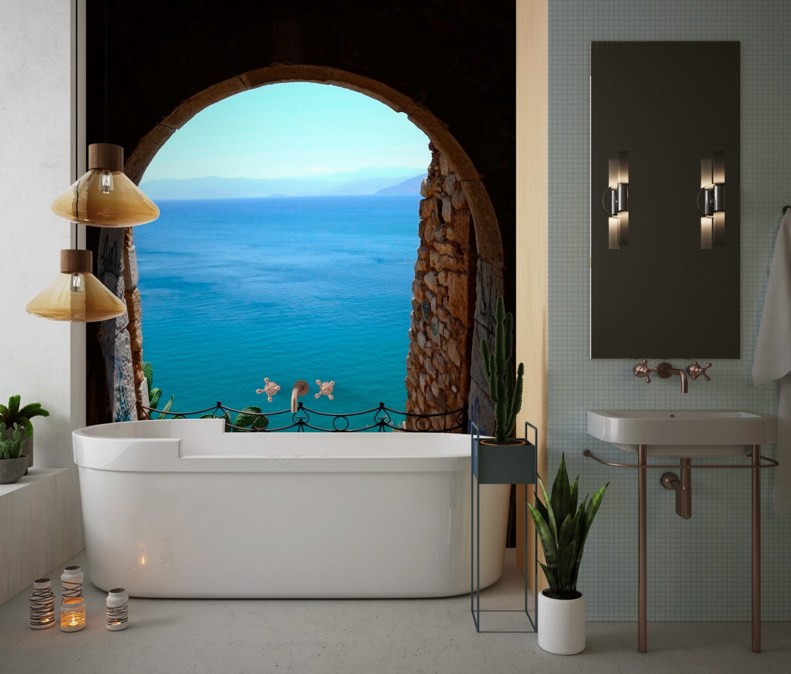 Papier peint arche de pierre menant à la mer