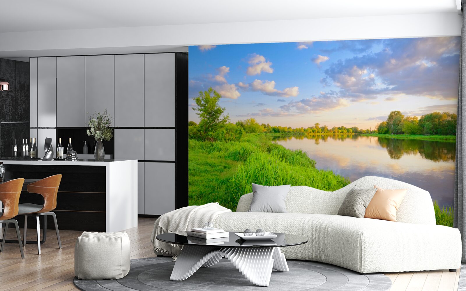 Papier peint rivière calme à côté d'une prairie verdoyante