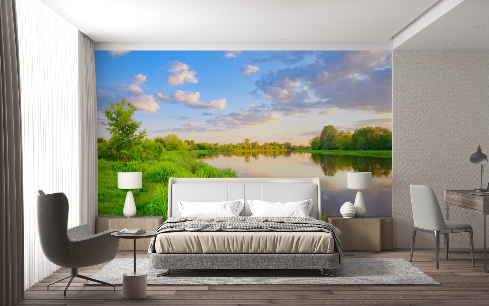 Papier peint rivière calme à côté d'une prairie verdoyante