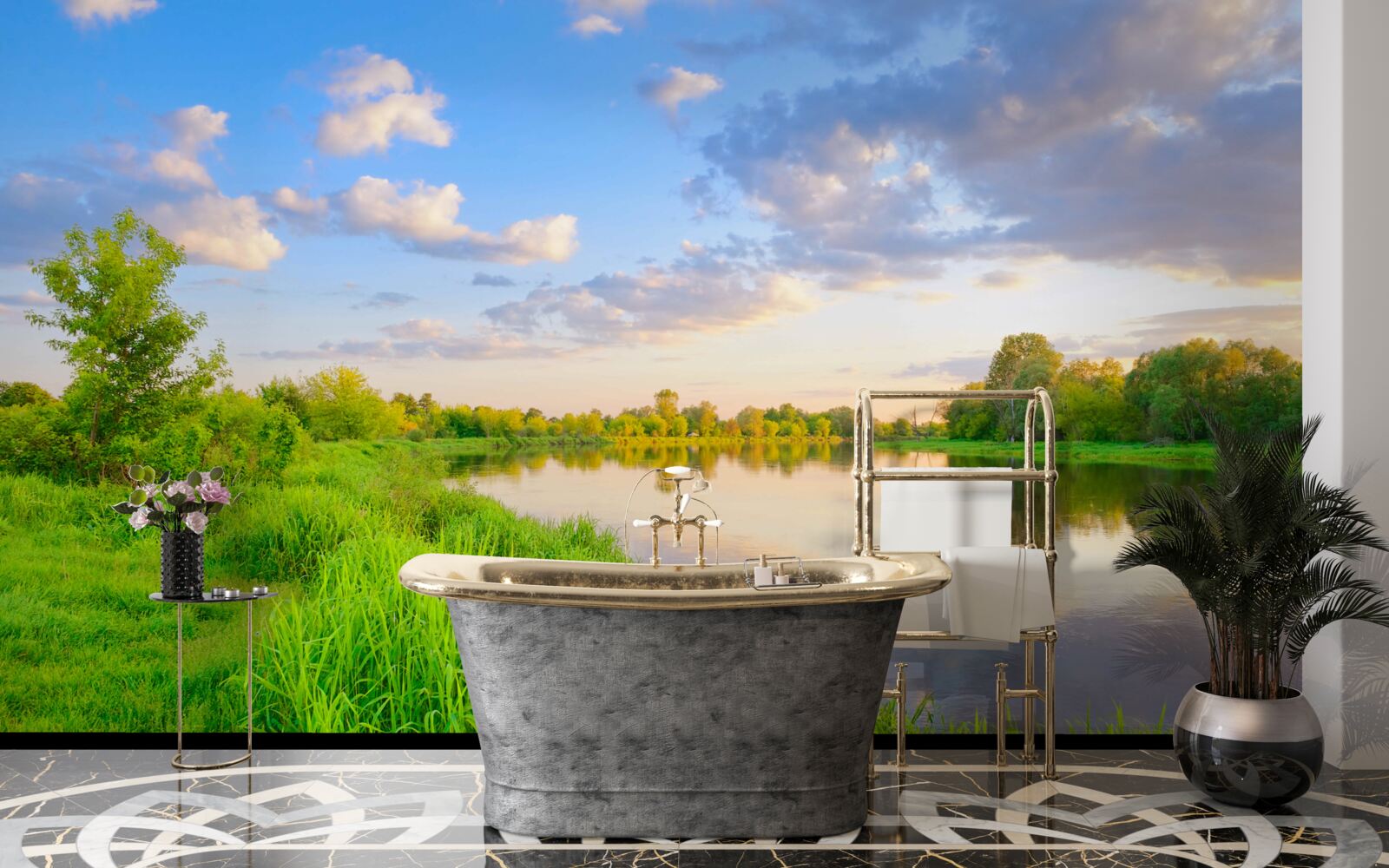 Papier peint rivière calme à côté d'une prairie verdoyante