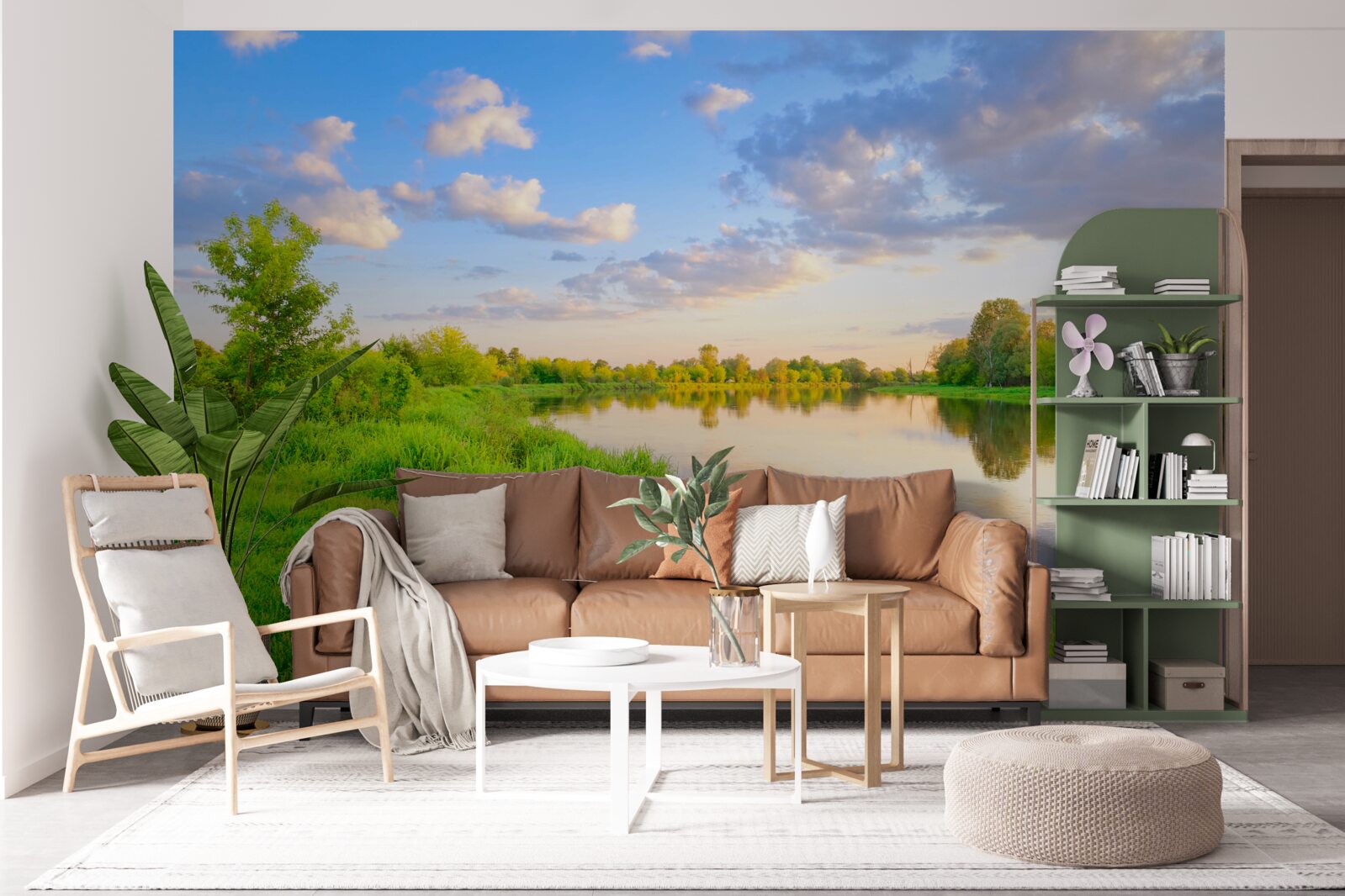 Papier peint rivière calme à côté d'une prairie verdoyante