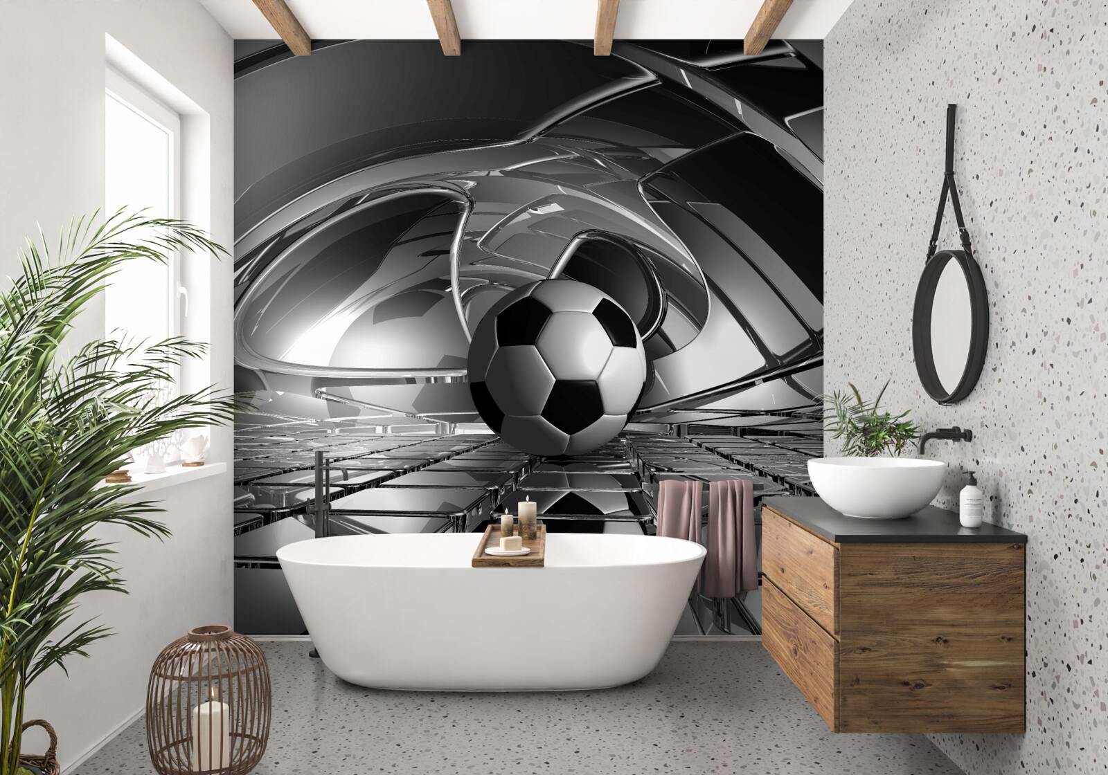 Papier peint football sur une surface en verre