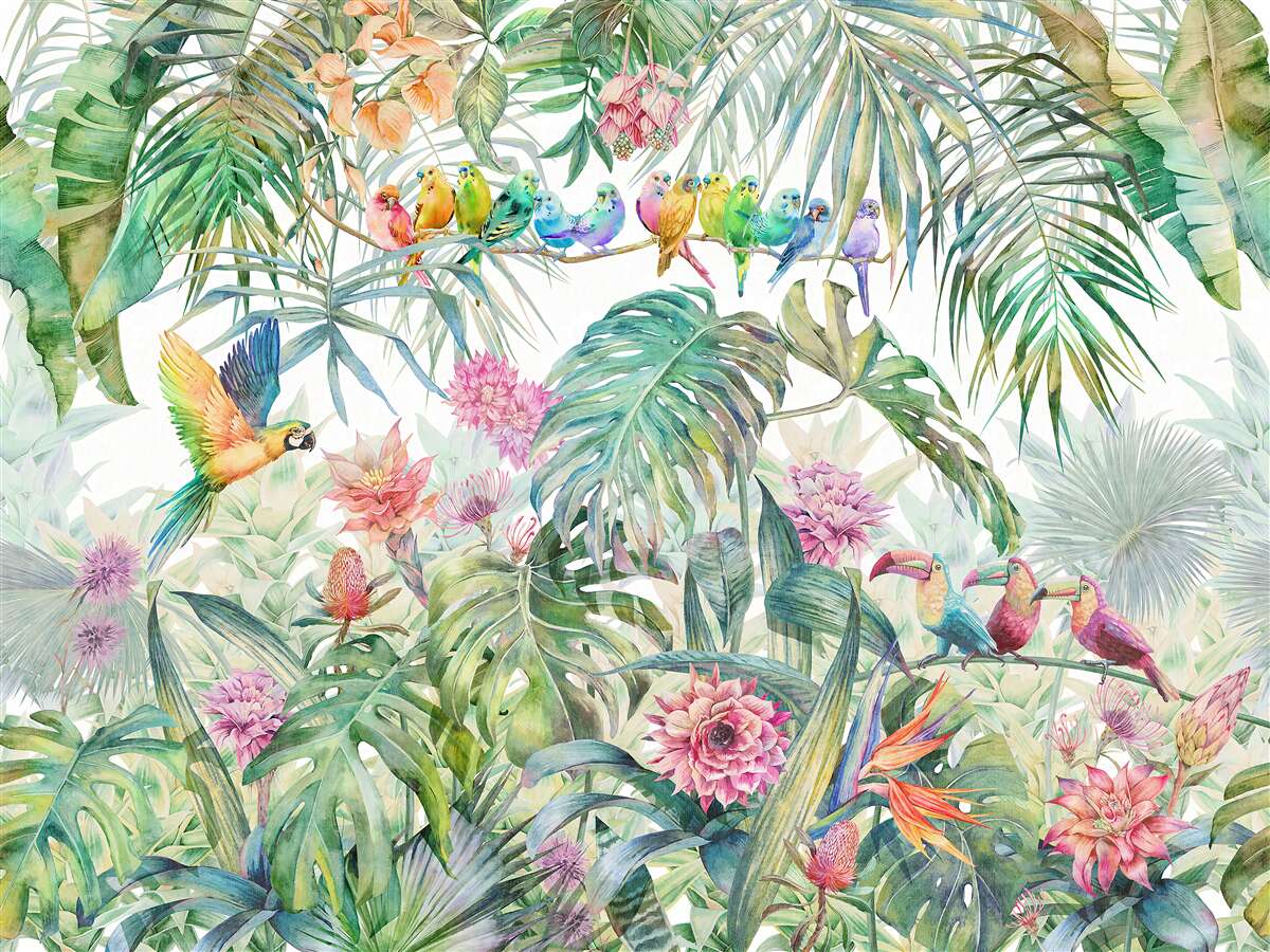 Papier peint oiseaux sur plantes exotiques
