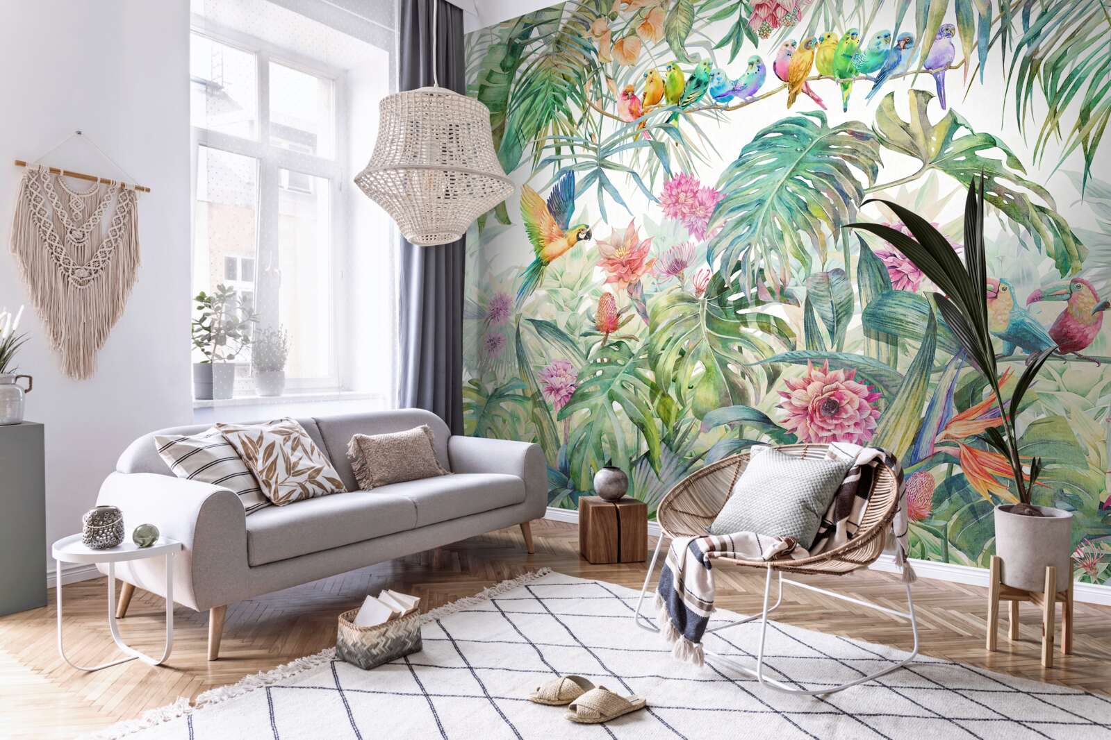 Papier peint oiseaux sur plantes exotiques