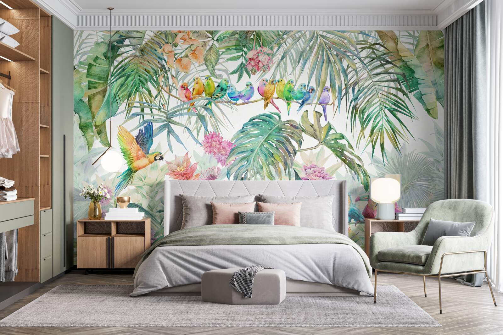 Papier peint oiseaux sur plantes exotiques