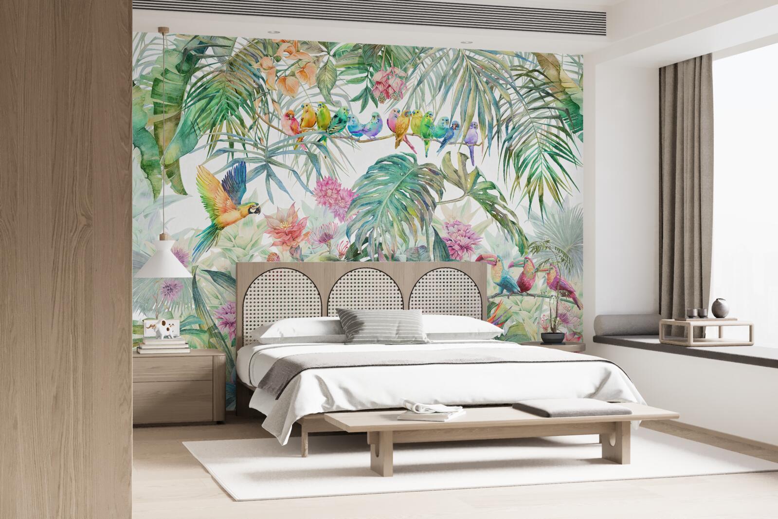 Papier peint oiseaux sur plantes exotiques