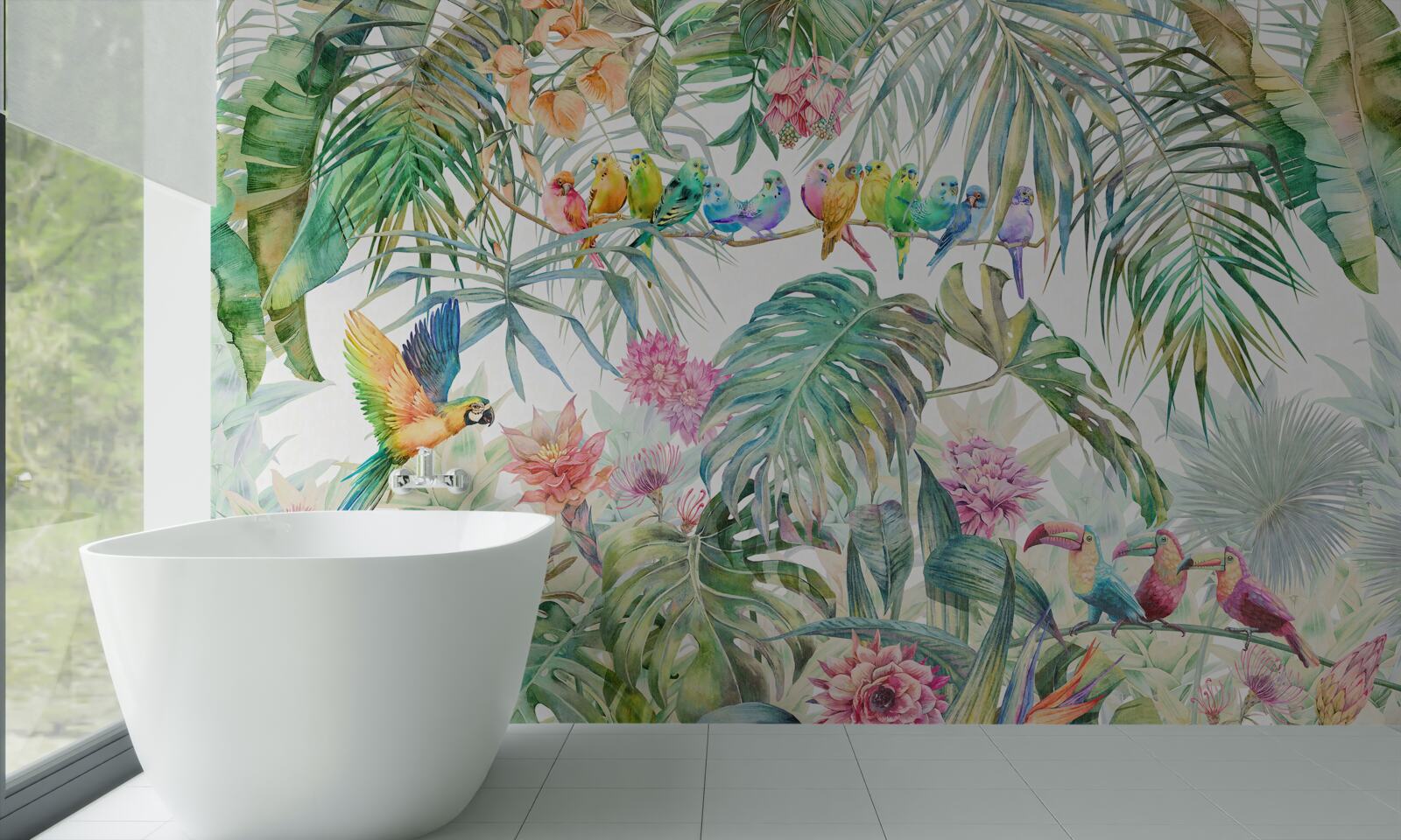 Papier peint oiseaux sur plantes exotiques