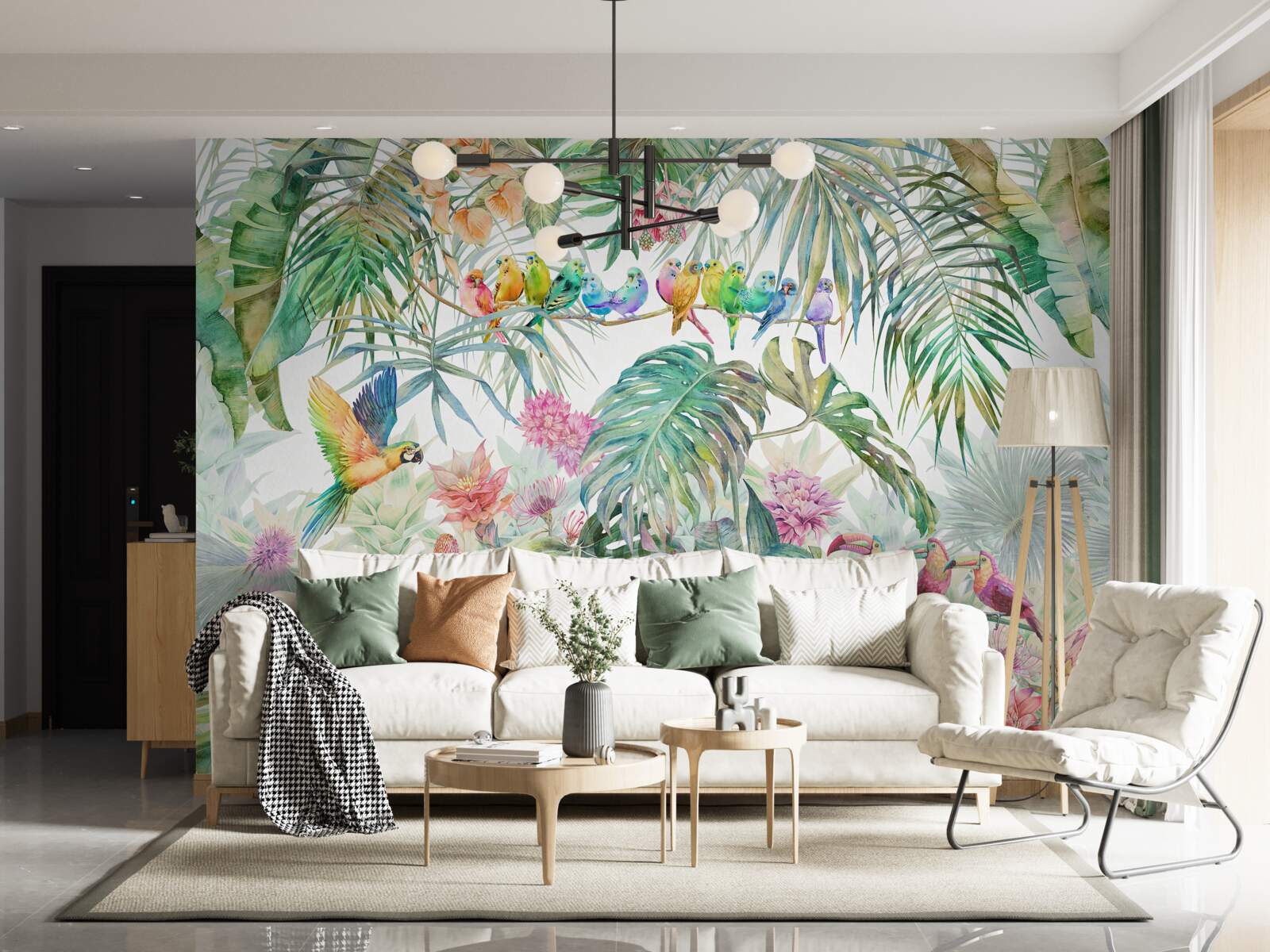 Papier peint oiseaux sur plantes exotiques