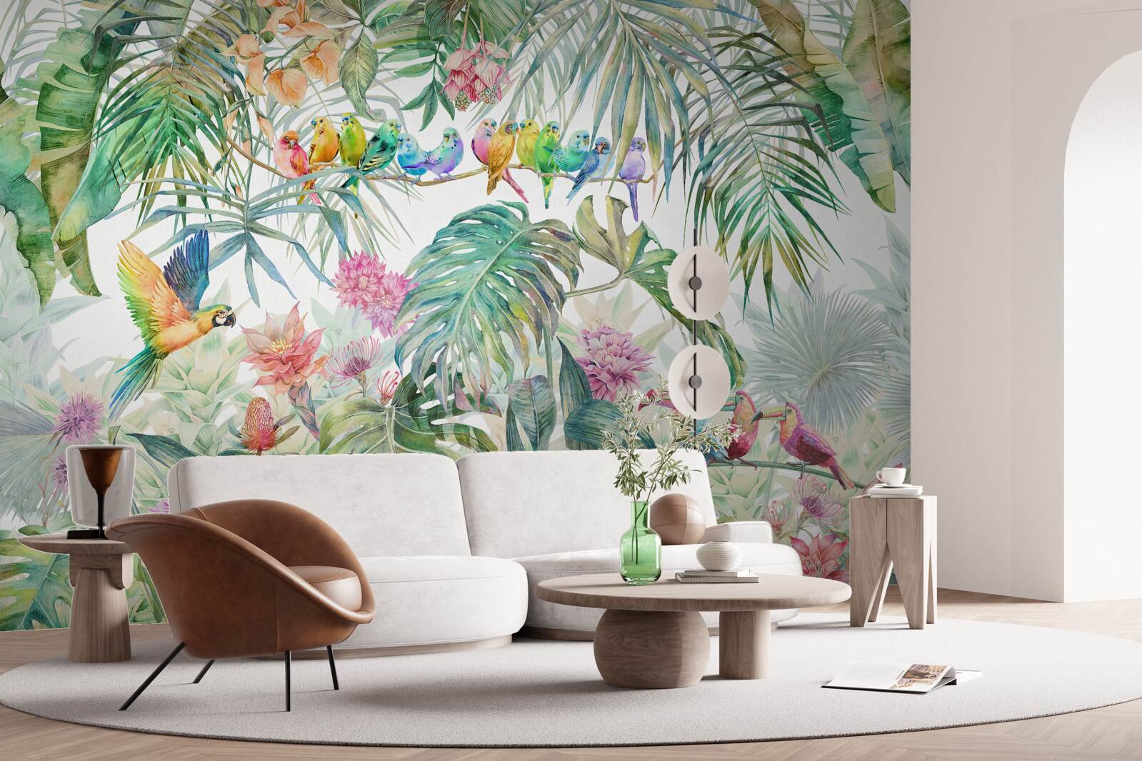 Papier peint oiseaux sur plantes exotiques