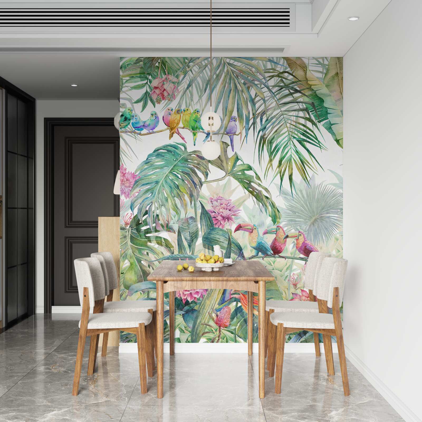 Papier peint plantes exotiques et oiseaux colorés