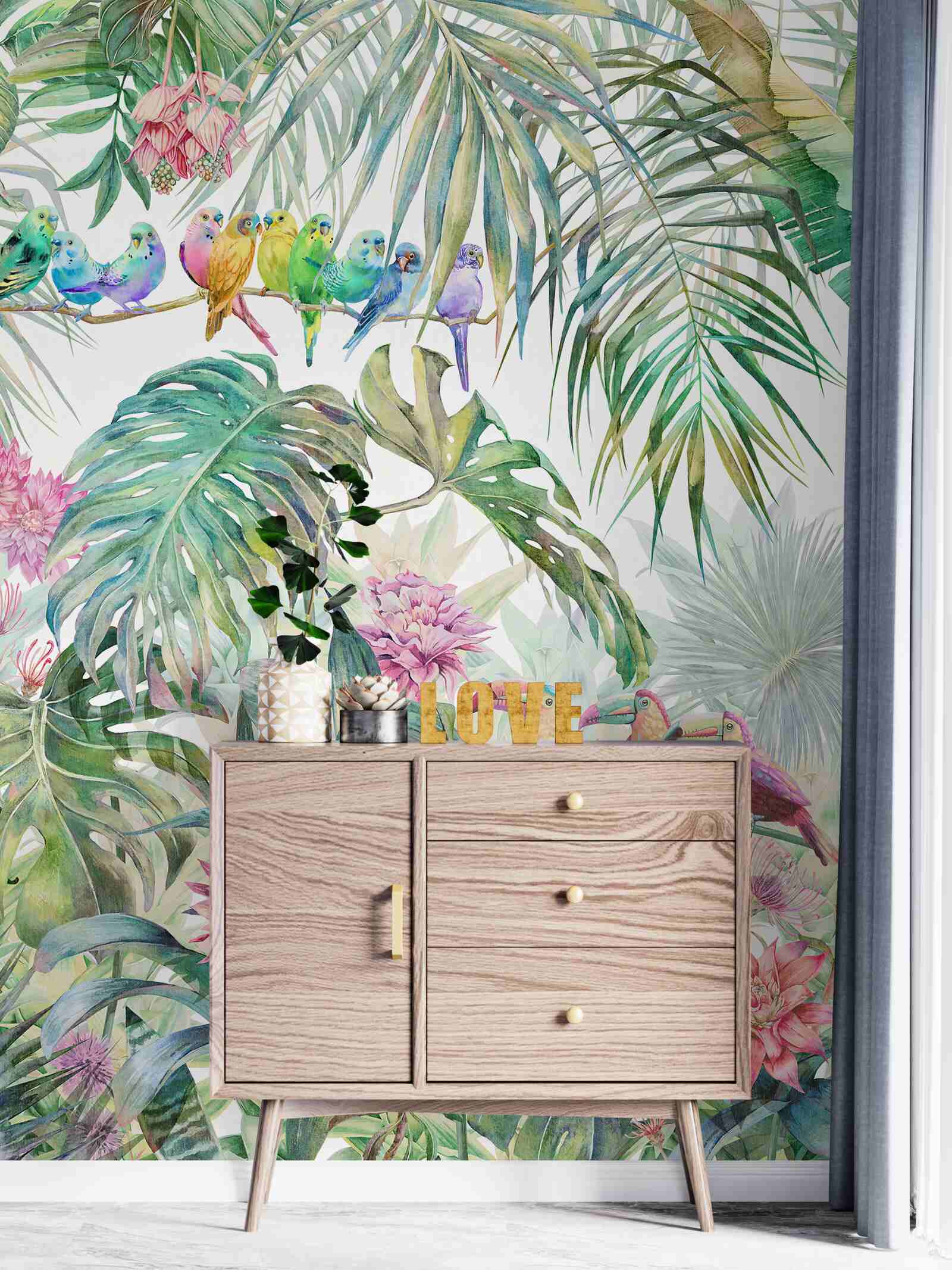 Papier peint plantes exotiques et oiseaux colorés