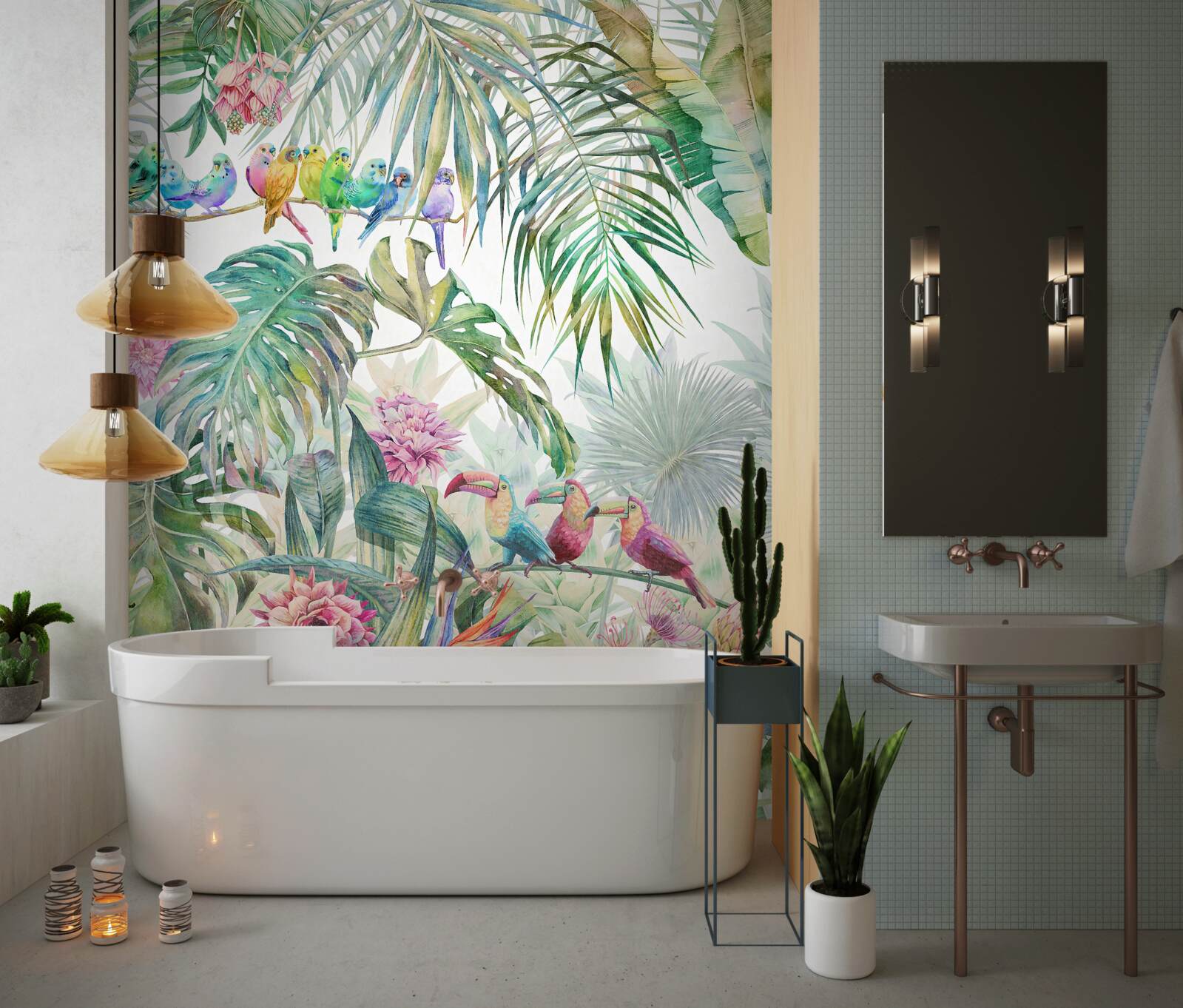 Papier peint plantes exotiques et oiseaux colorés