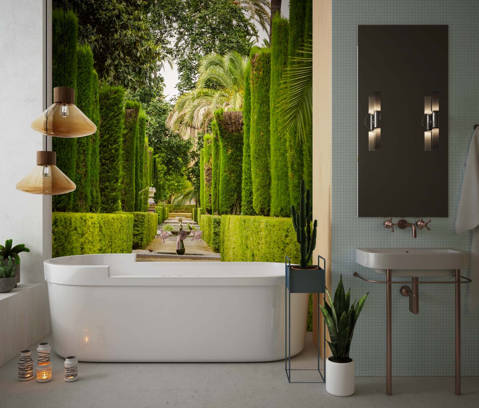 Papier peint sentier entre des cyprès bien entretenus