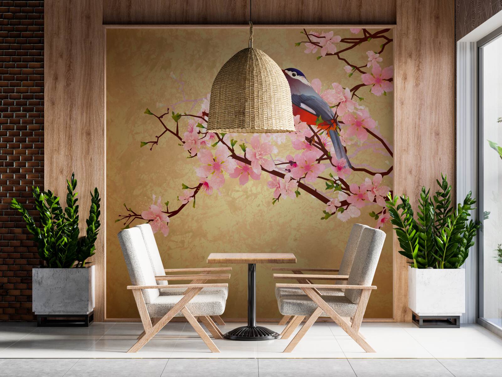 Papier peint rossignol sur les branches des cerisiers en fleurs