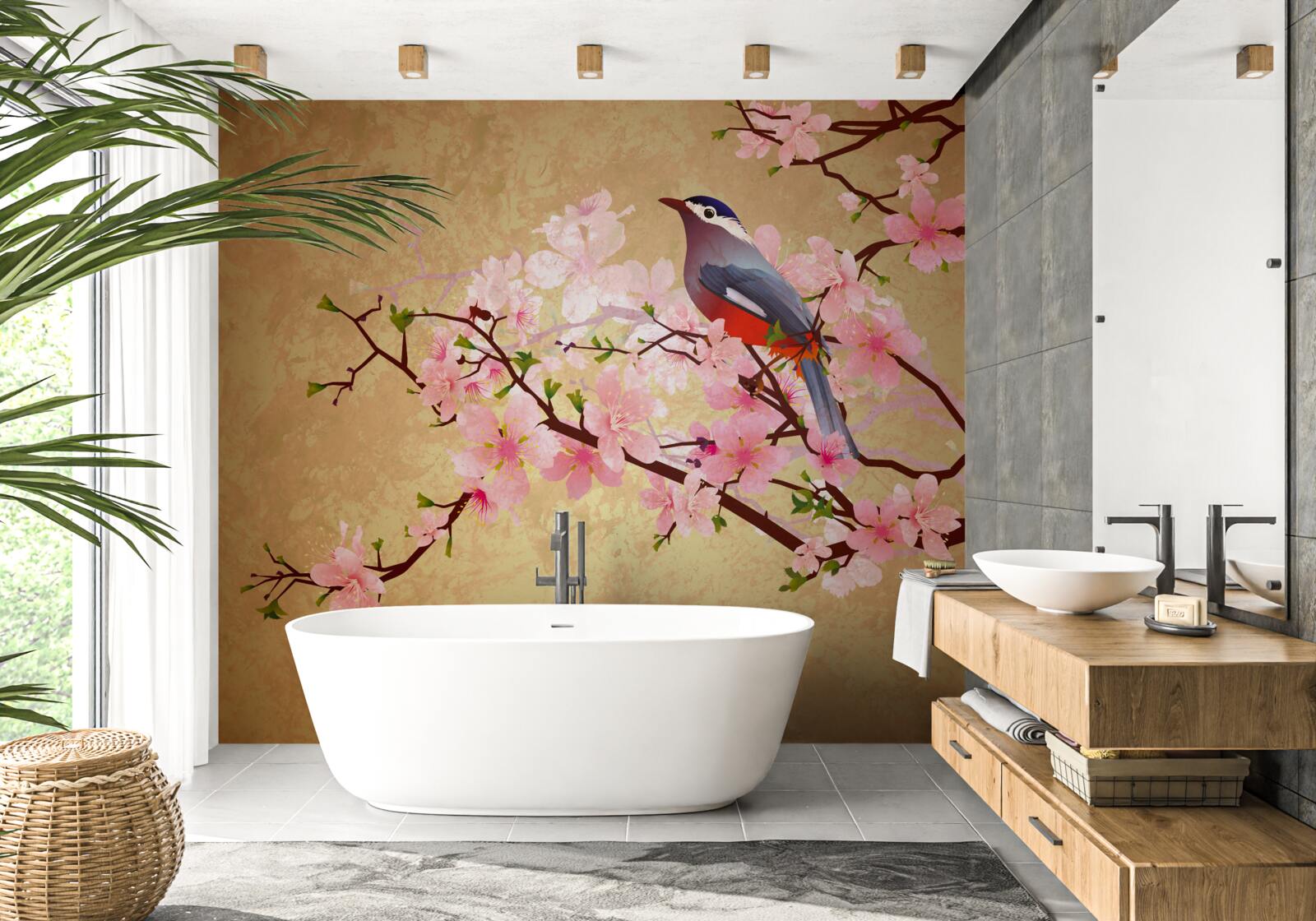 Papier peint rossignol sur les branches des cerisiers en fleurs