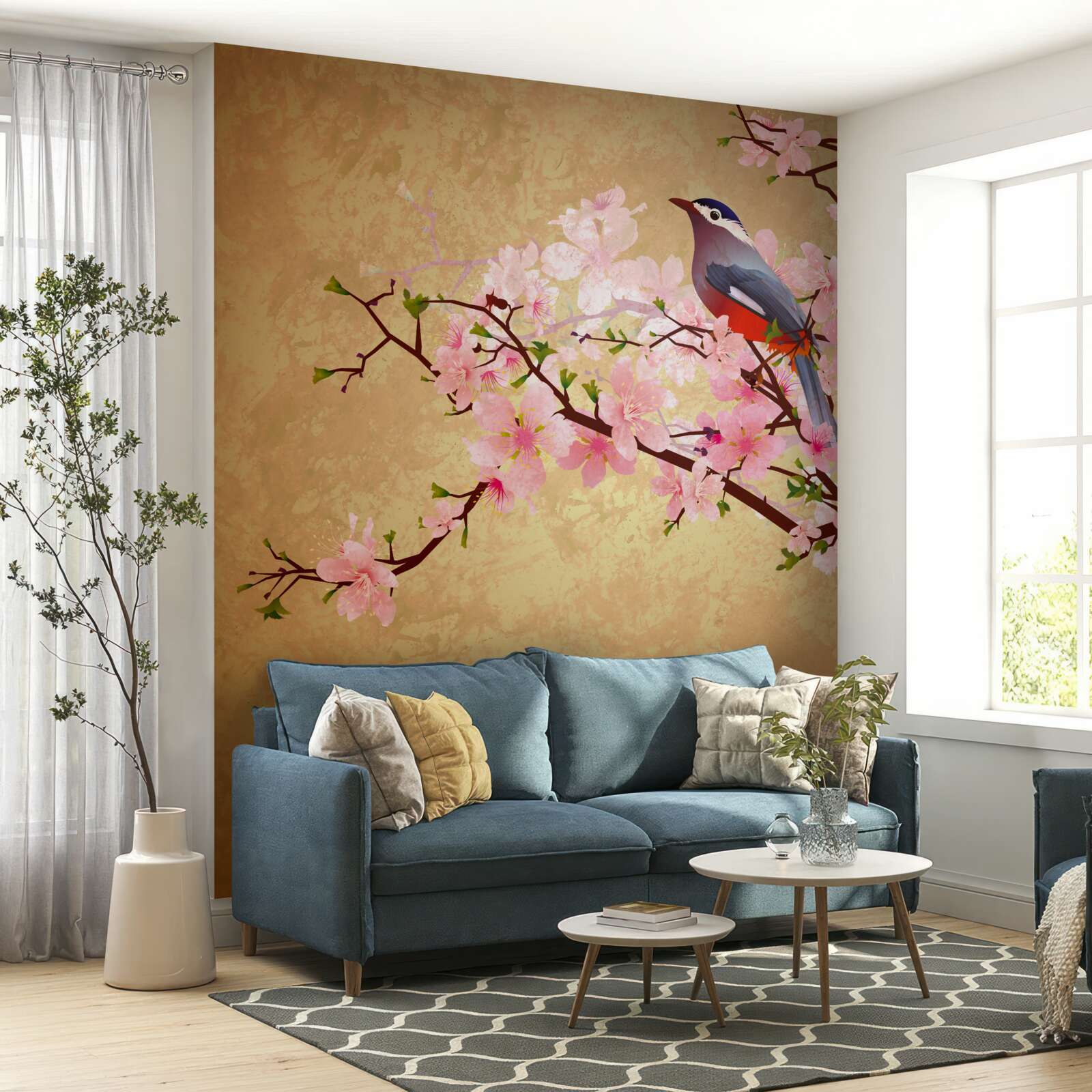 Papier peint rossignol sur les branches des cerisiers en fleurs