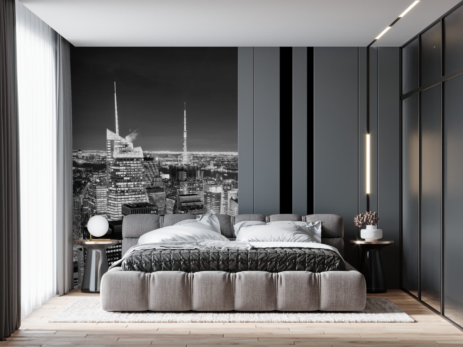 Papier peint ville de nuit en noir et blanc