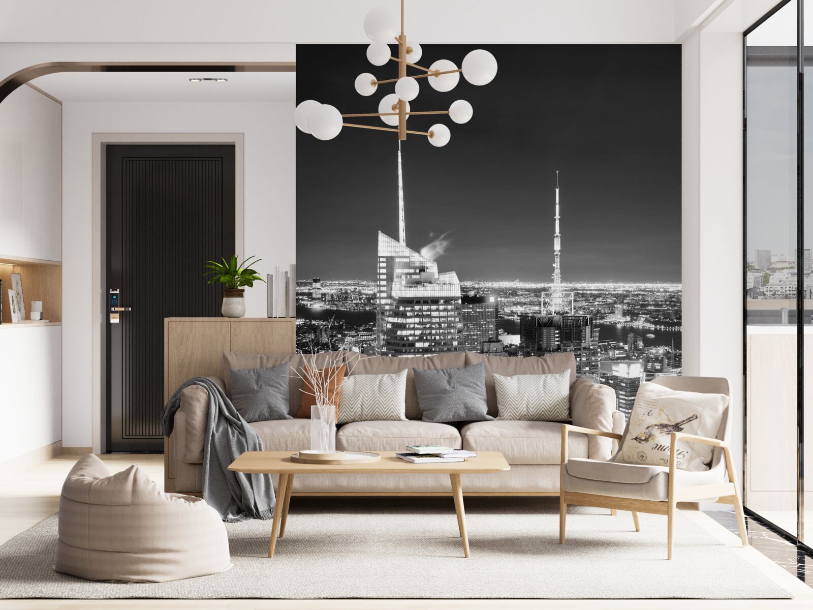 Papier peint ville de nuit en noir et blanc