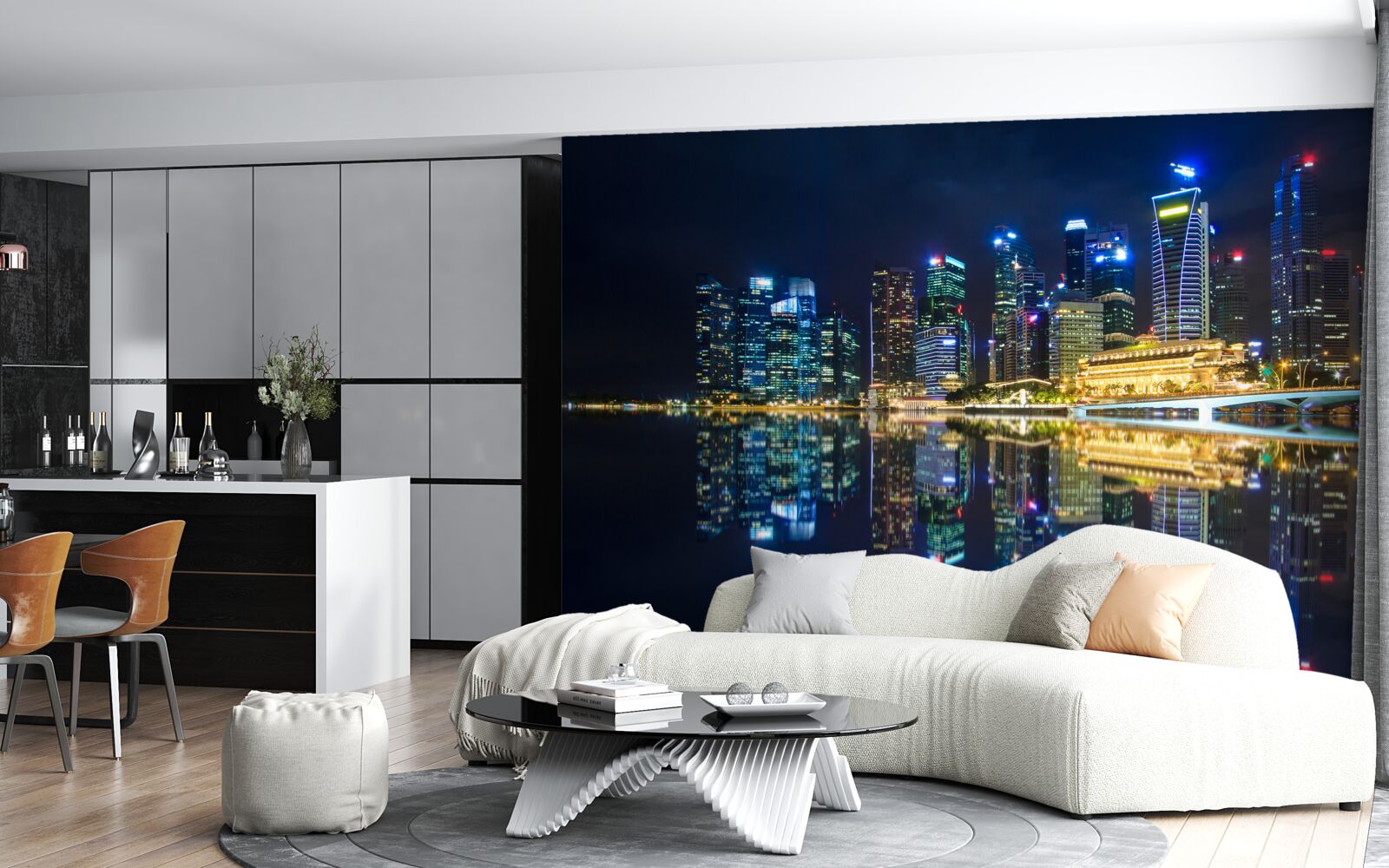 Papier peint ville nocturne se reflétant dans l'eau et éclairée par des lumières