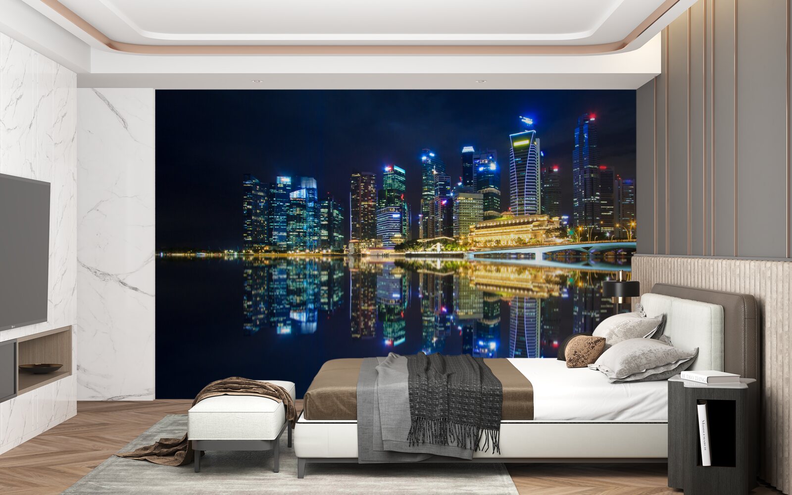 Papier peint ville nocturne se reflétant dans l'eau et éclairée par des lumières