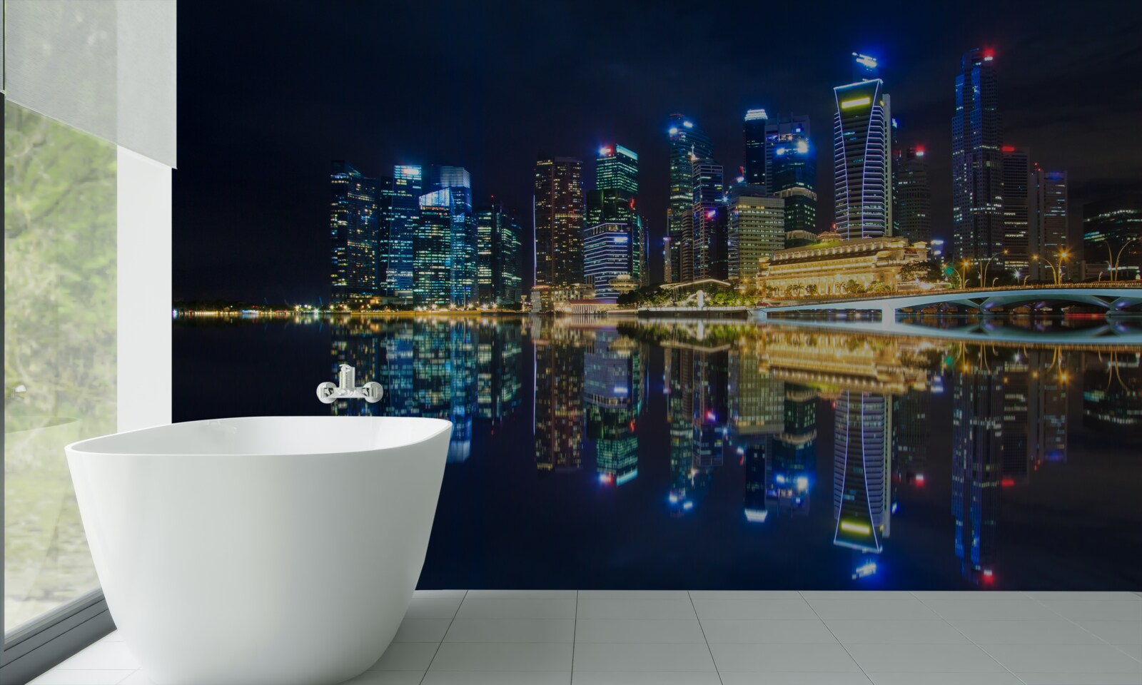 Papier peint ville nocturne se reflétant dans l'eau et éclairée par des lumières