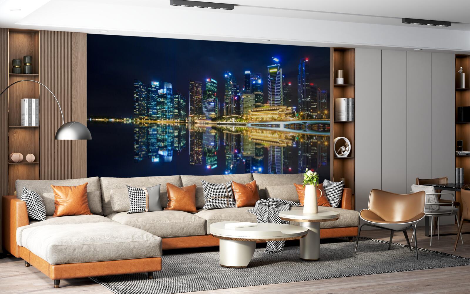 Papier peint ville nocturne se reflétant dans l'eau et éclairée par des lumières