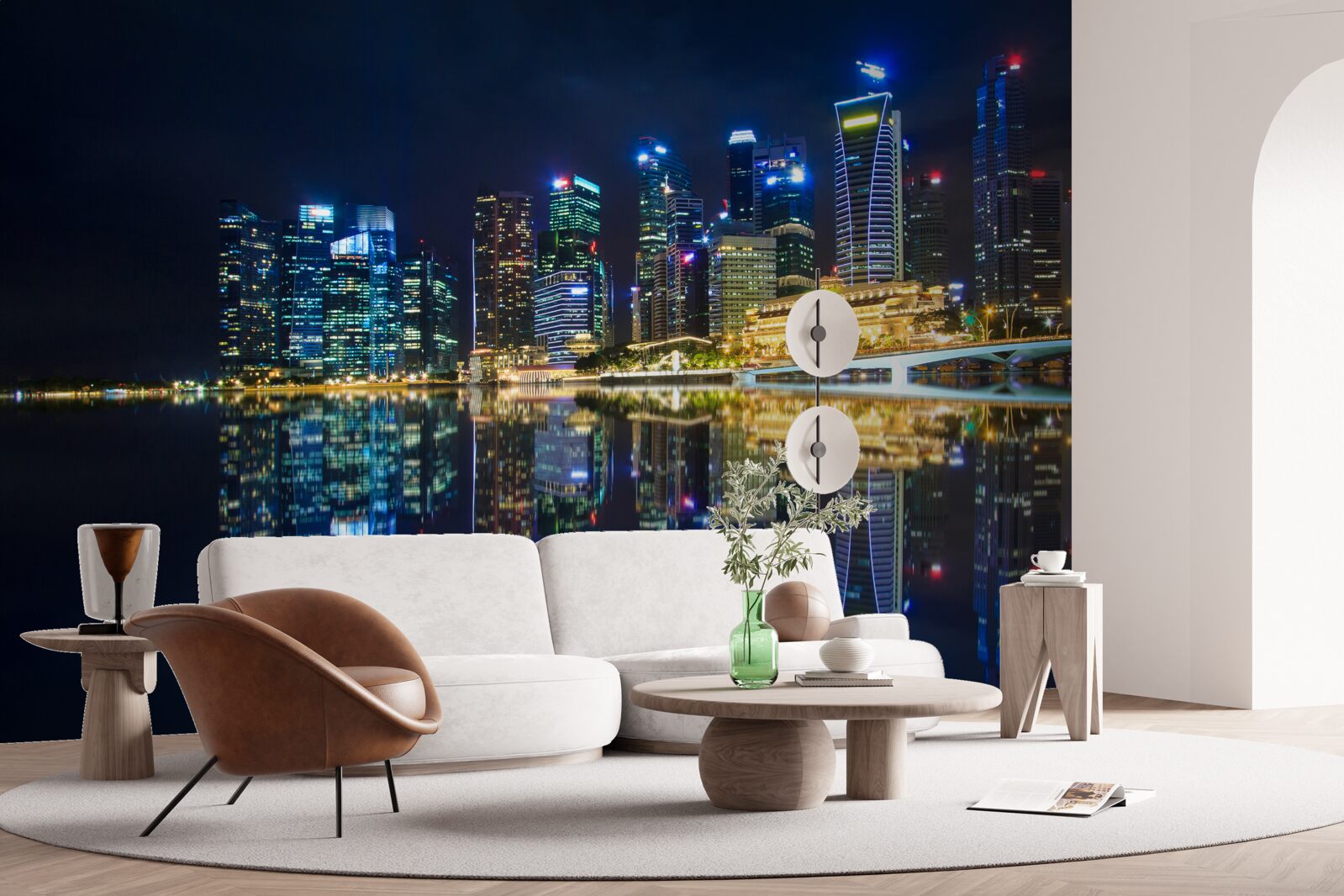 Papier peint ville nocturne se reflétant dans l'eau et éclairée par des lumières
