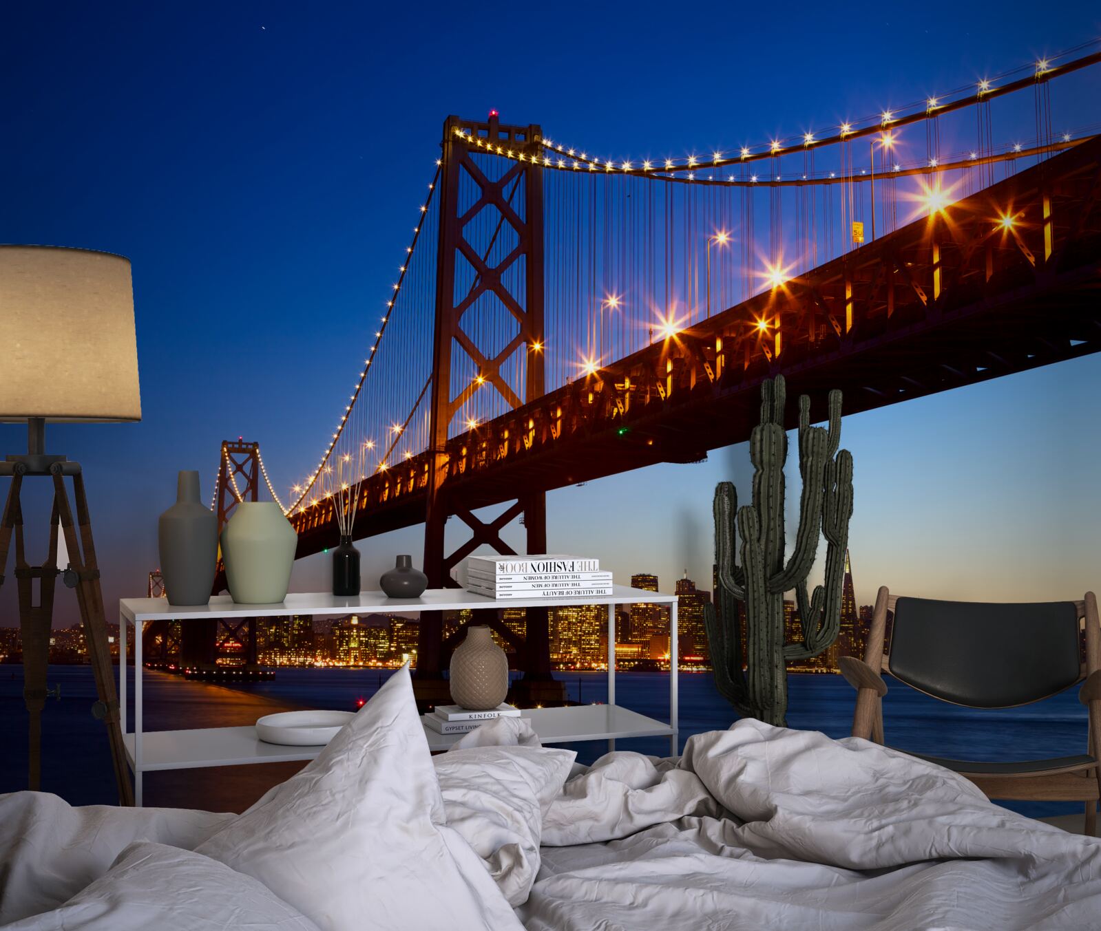 Papier peint pont illuminé sur fond de paysage urbain