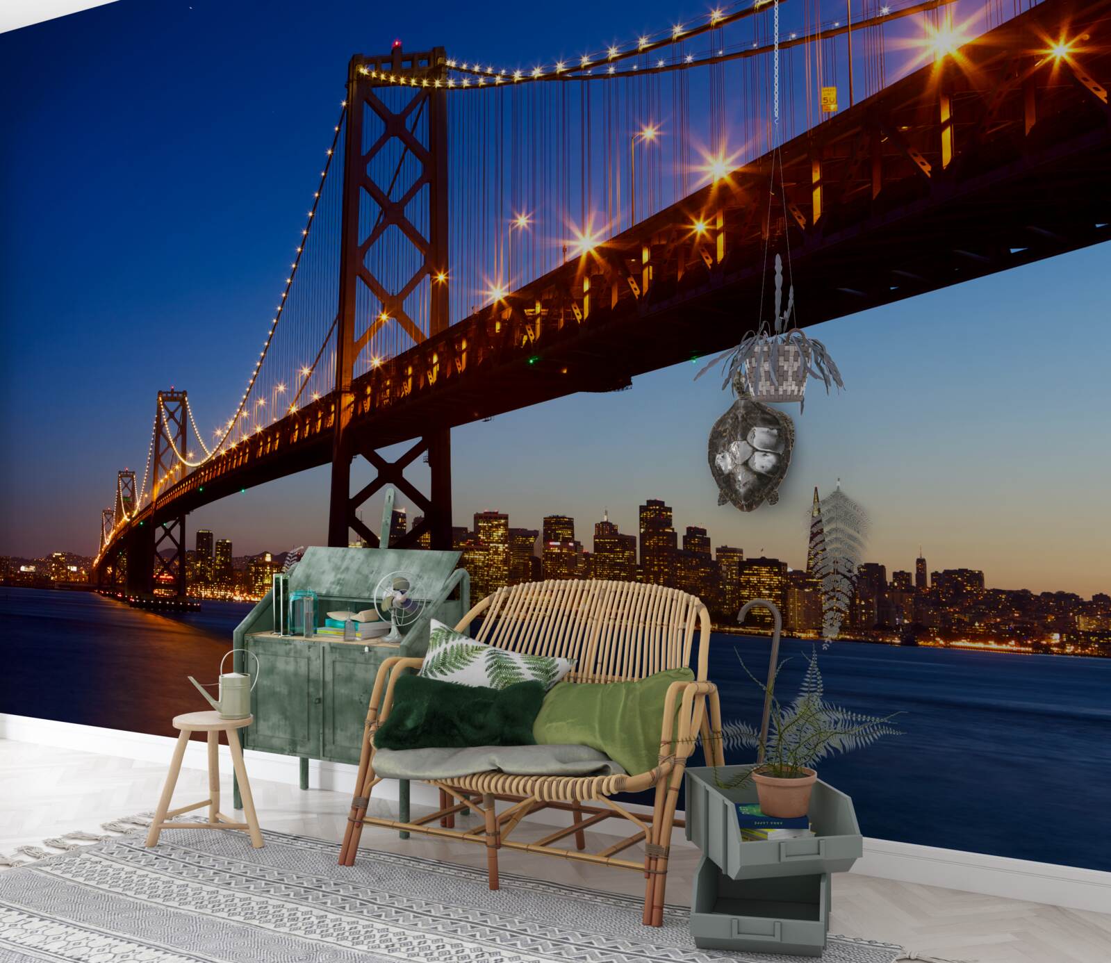 Papier peint pont illuminé sur fond de paysage urbain