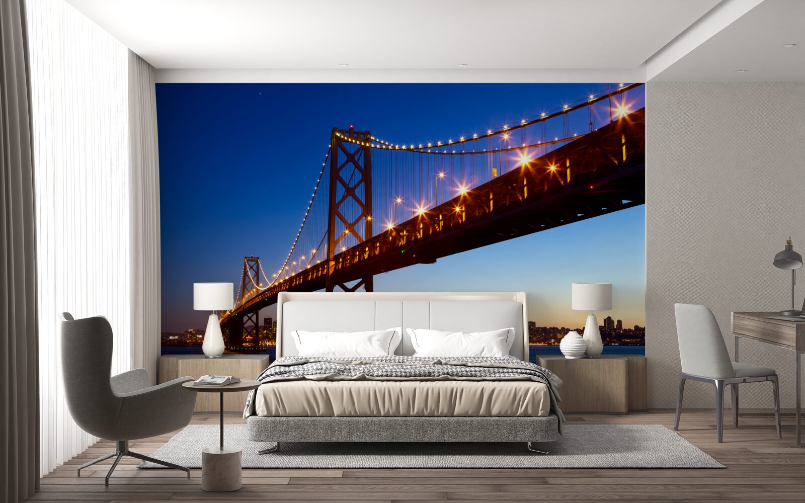 Papier peint pont illuminé sur fond de paysage urbain