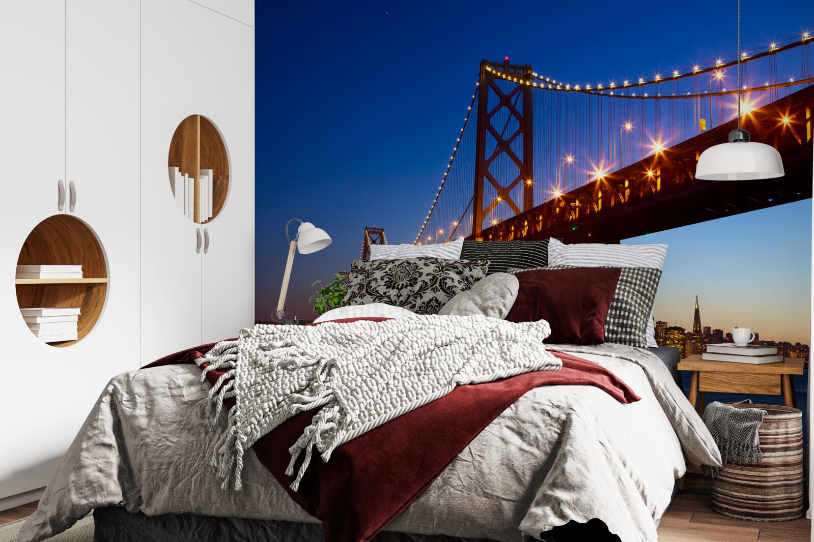 Papier peint pont illuminé sur fond de paysage urbain