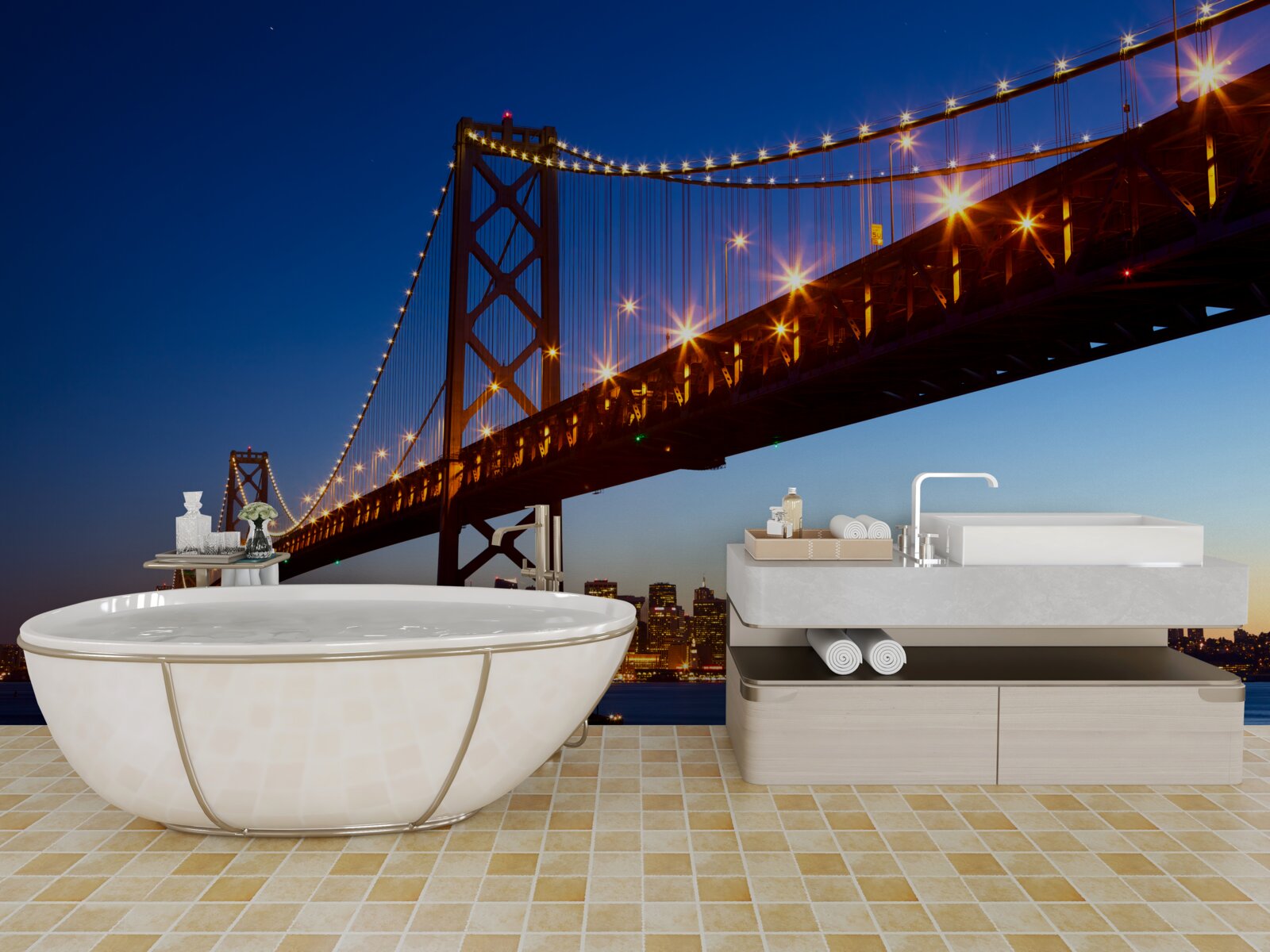 Papier peint pont illuminé sur fond de paysage urbain