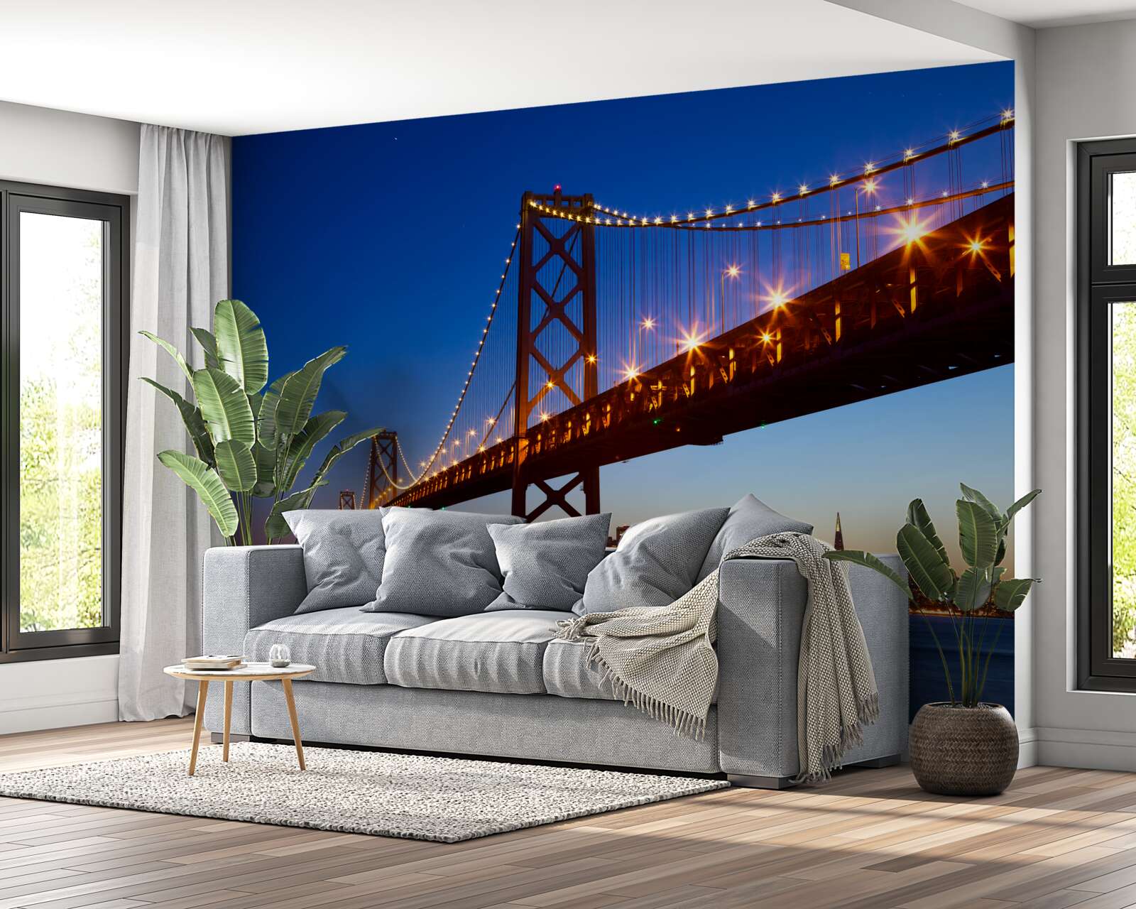 Papier peint pont illuminé sur fond de paysage urbain