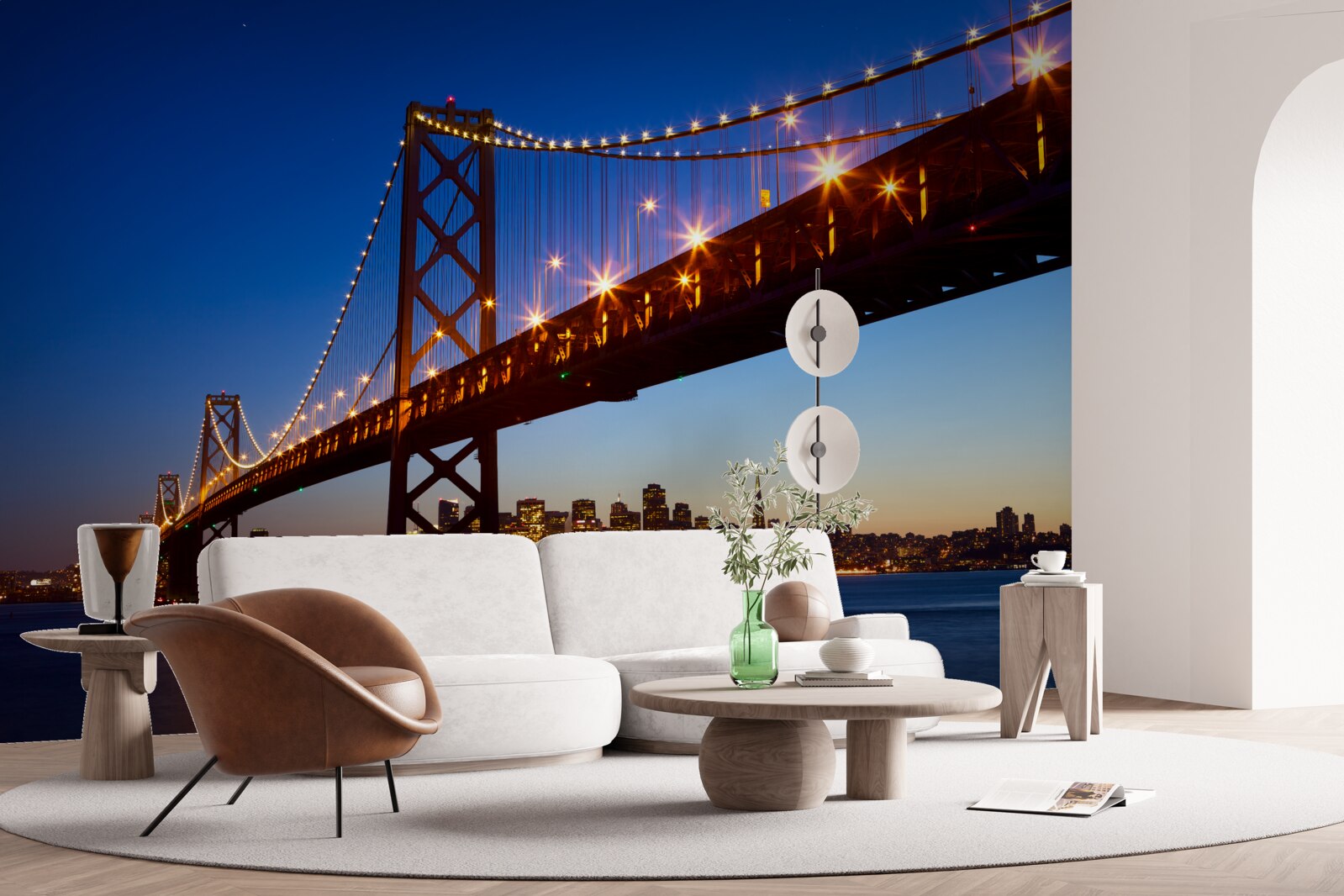 Papier peint pont illuminé sur fond de paysage urbain